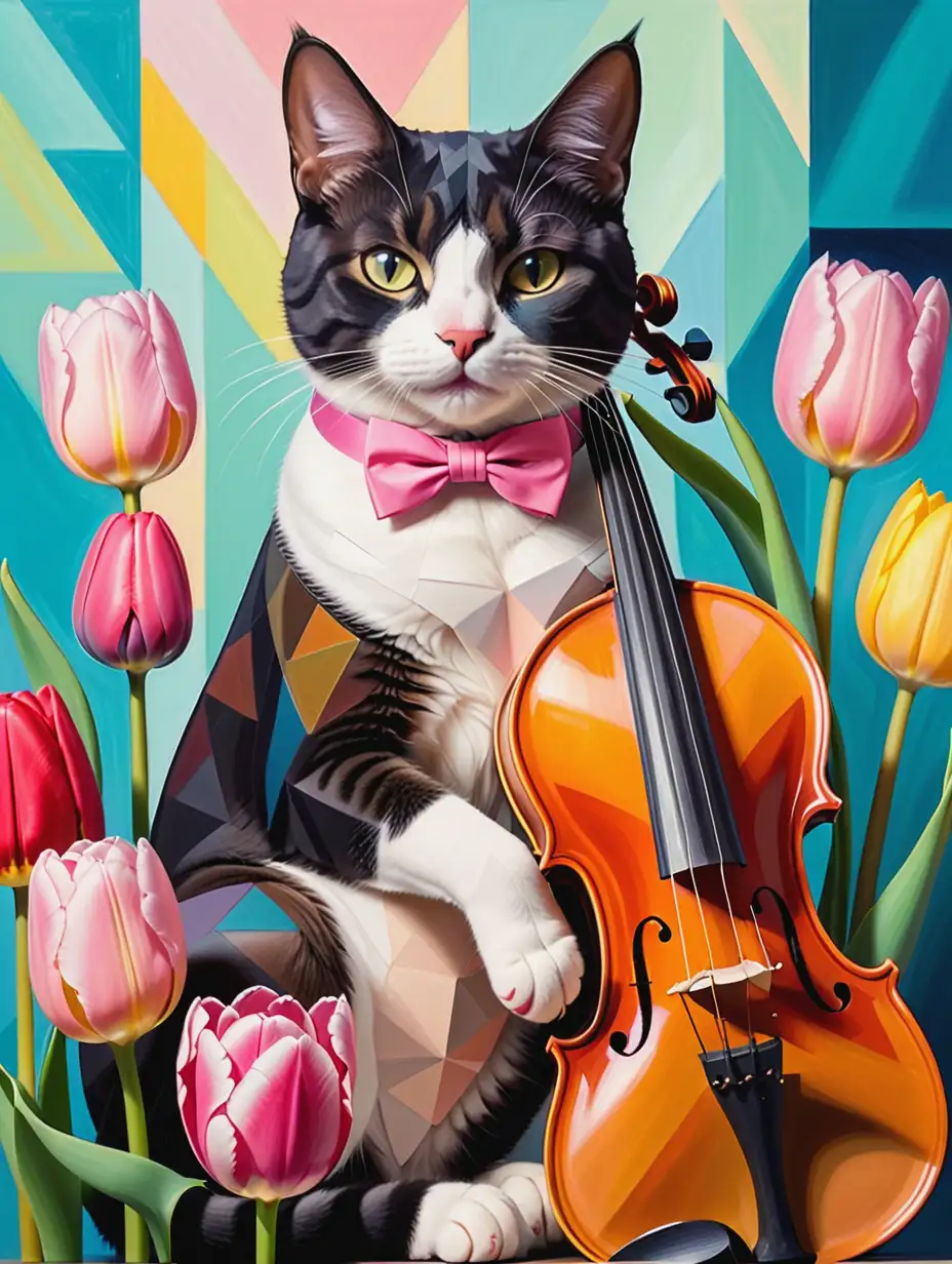 create a cubist style cat with tulips this will be an oil painting with a fat cat with a pink bowtie and also a violin in the background and siome music notes