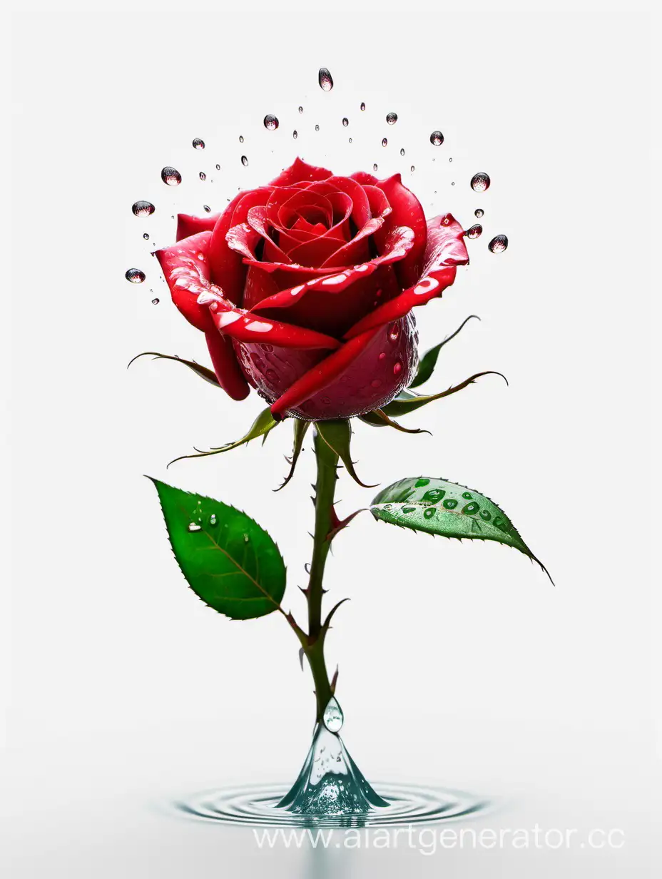 Vibrant-Red-Rose-with-Dewdrops-on-Fresh-Green-Leaves-in-4K-HD-on-White-Background