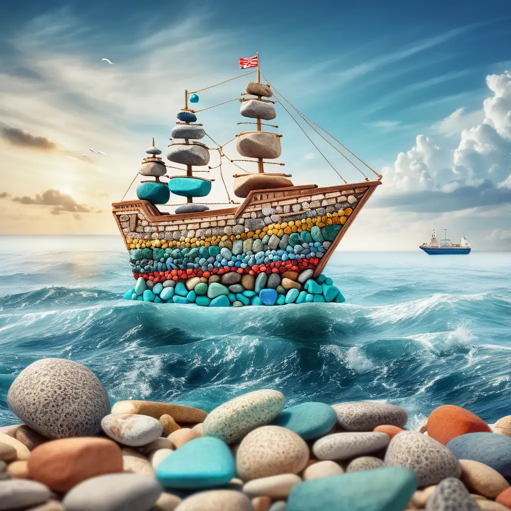photo of colorful little rocks forming a [ ship] on background sea and sky, ultra realistic. 