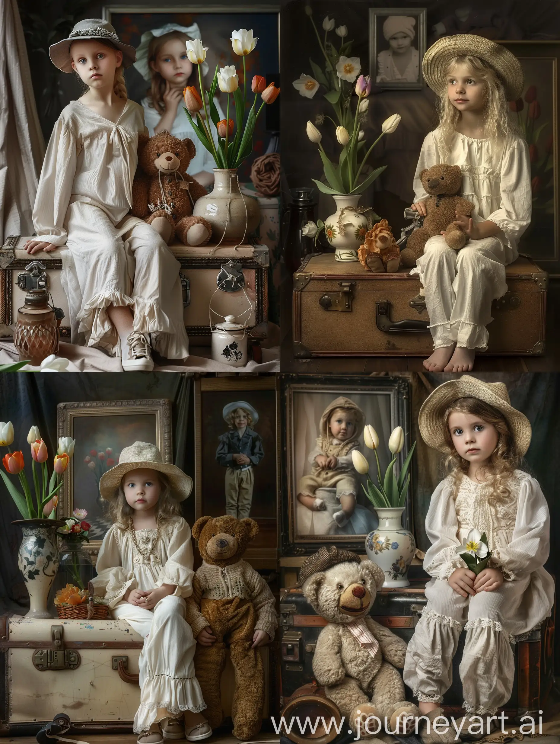 Little white girl sitting on a suitcase next to a teddy bear, painting, art photography, tulip, beautiful studio lighting, vase of flowers, baggy clothes and hat, portrait photo in background, holding flowers, oil painting, airbrush, v 6