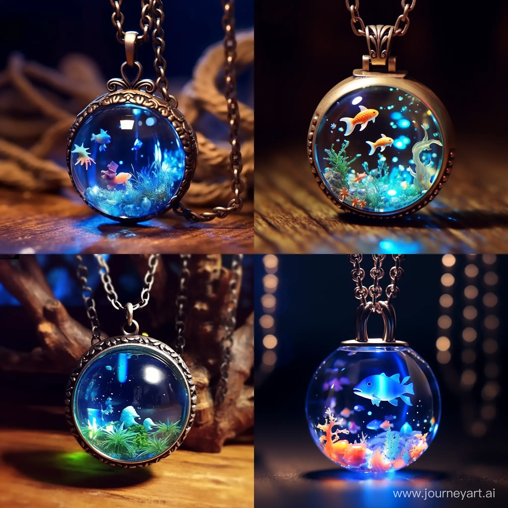 tiny sea creatures swimming in a glass bubble-shaped pendant, necklace, blue, glowy light, in cartoon style