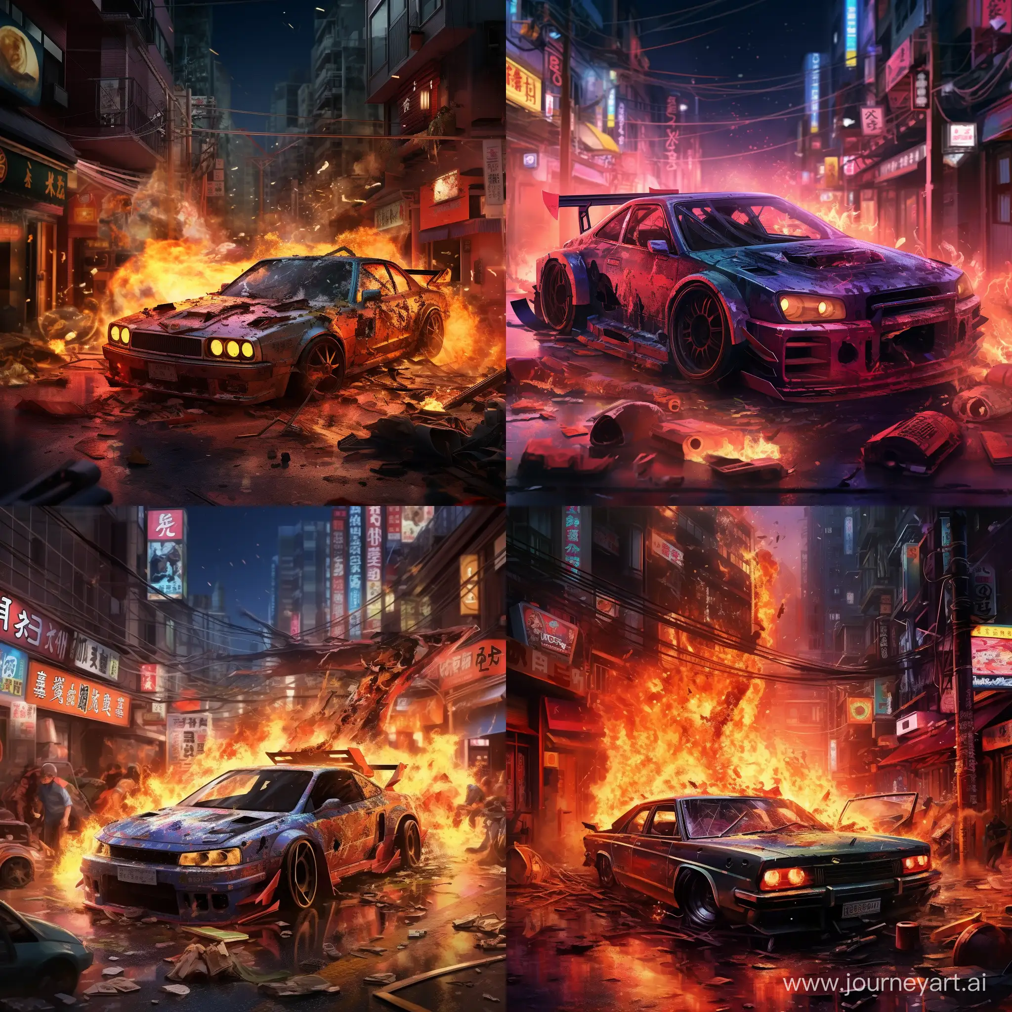 Intense-Car-Explosion-Amidst-Fiery-Chaos-in-Neonlit-Japanese-Night
