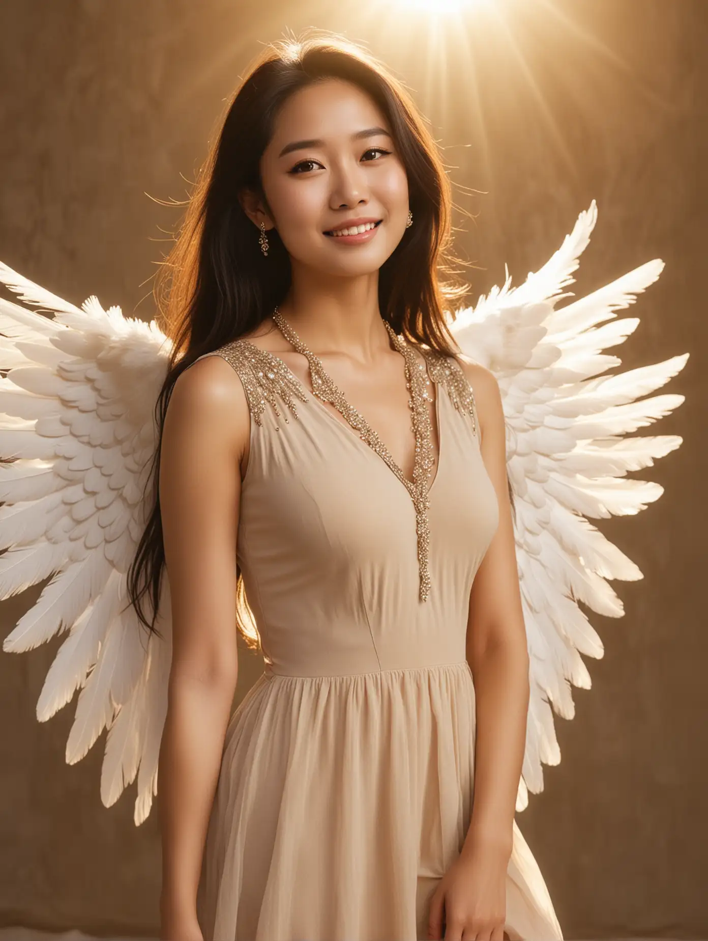 In the photo，an angelic woman with long hair，no teeth， asian facewearing a beige dress and white wings, istanding in front of the golden light. She looks at the camera. She looks confident. She wears jewelry around her neck. , her eyes have light makeup, her face exudes confidence and charm, her skin is radiant from the inside out, and her whole body is，gorgeous clothes，Floating in the air