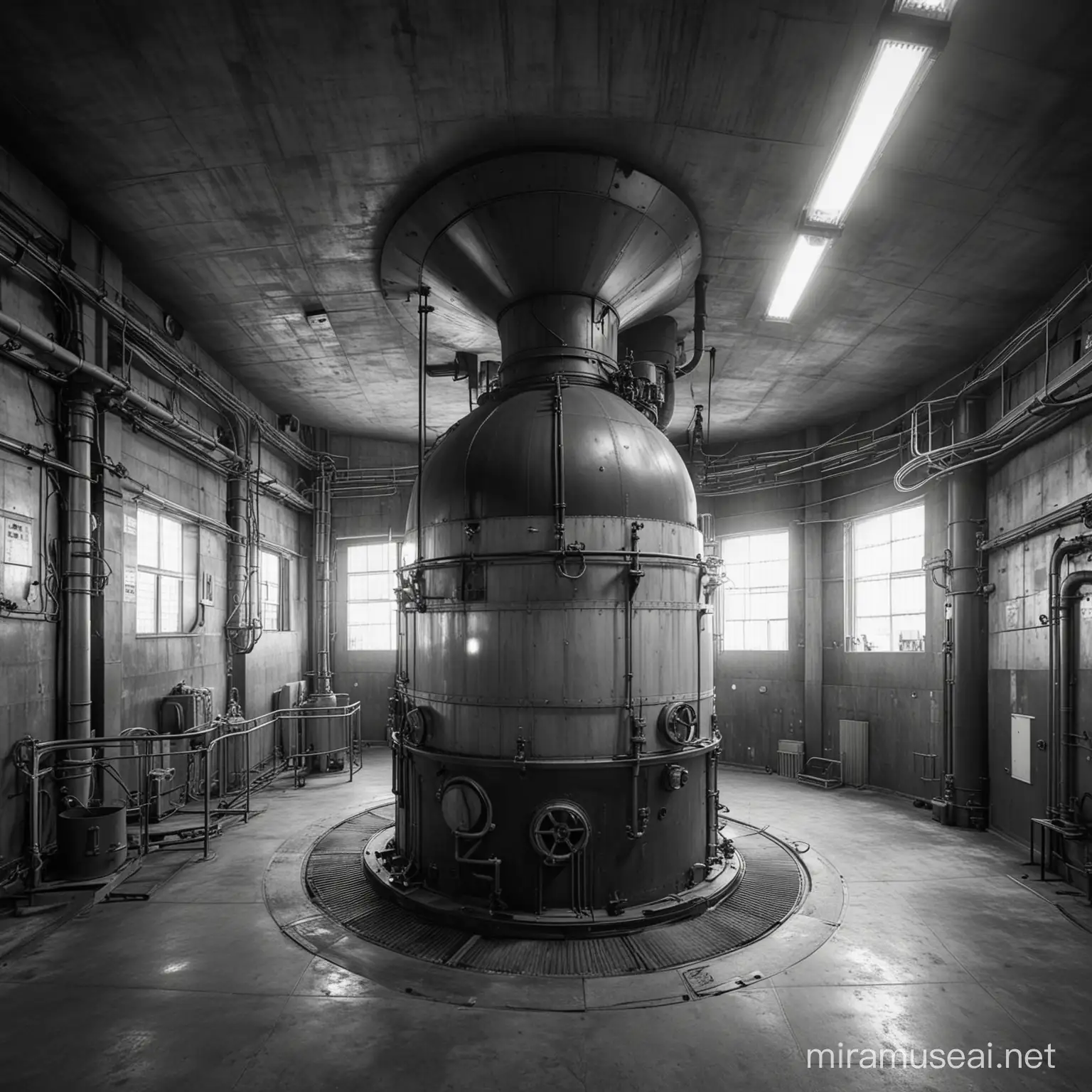 black and white photo of retro style reactor, interior
