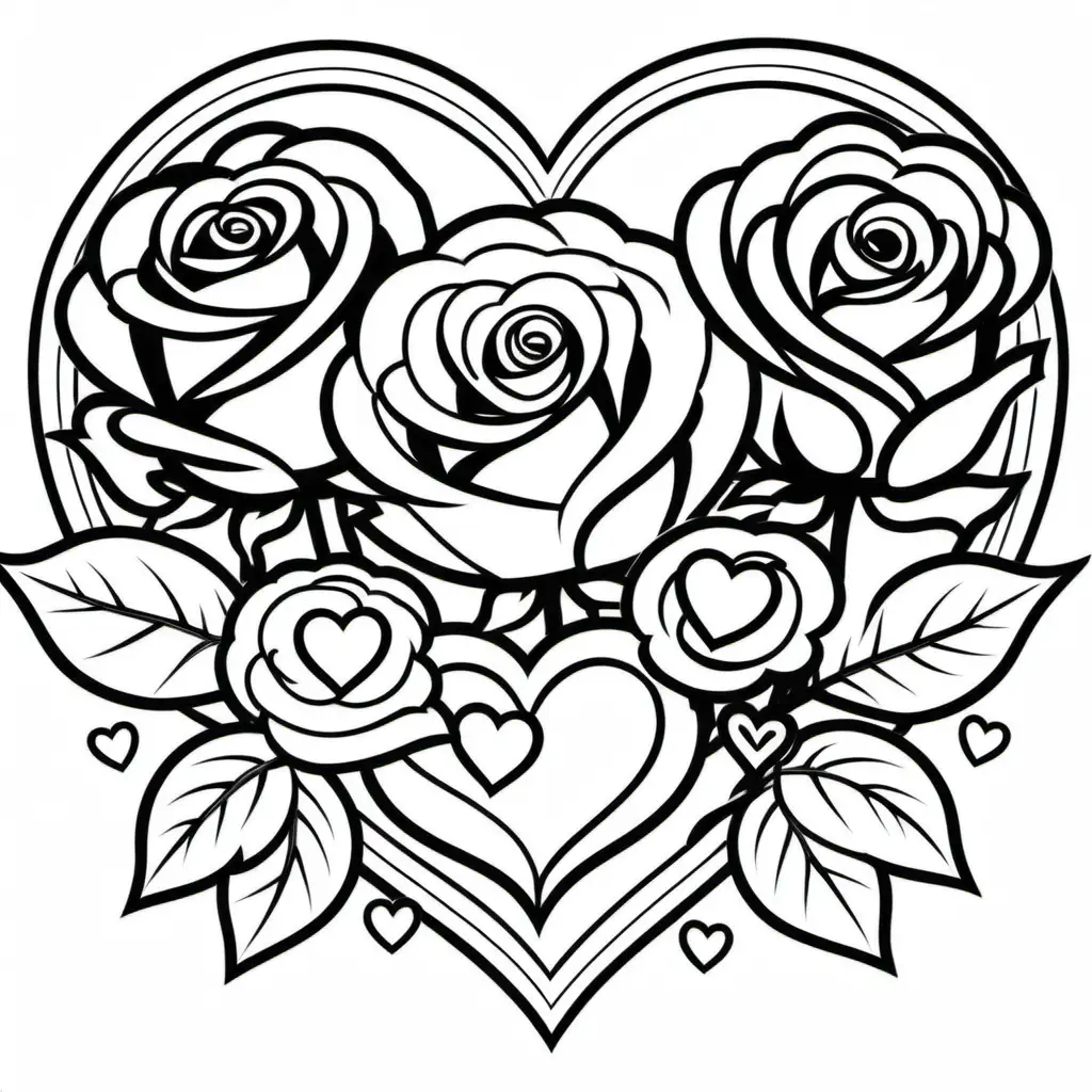 Romantic Black and White Roses and Hearts Valentine Coloring Pages