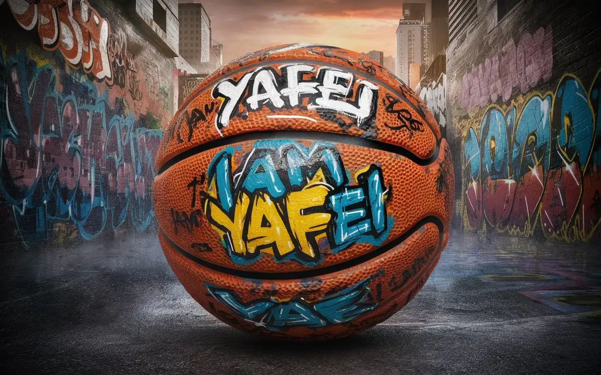 image a basketball with tagging on it saying "yafei". The basketball should be filled with graffiti that says "I AM yafei".