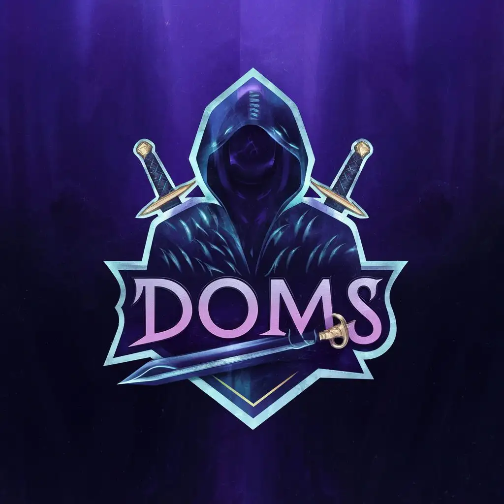 logo, Human in a cloak with daggers, with the text "Doms", typography