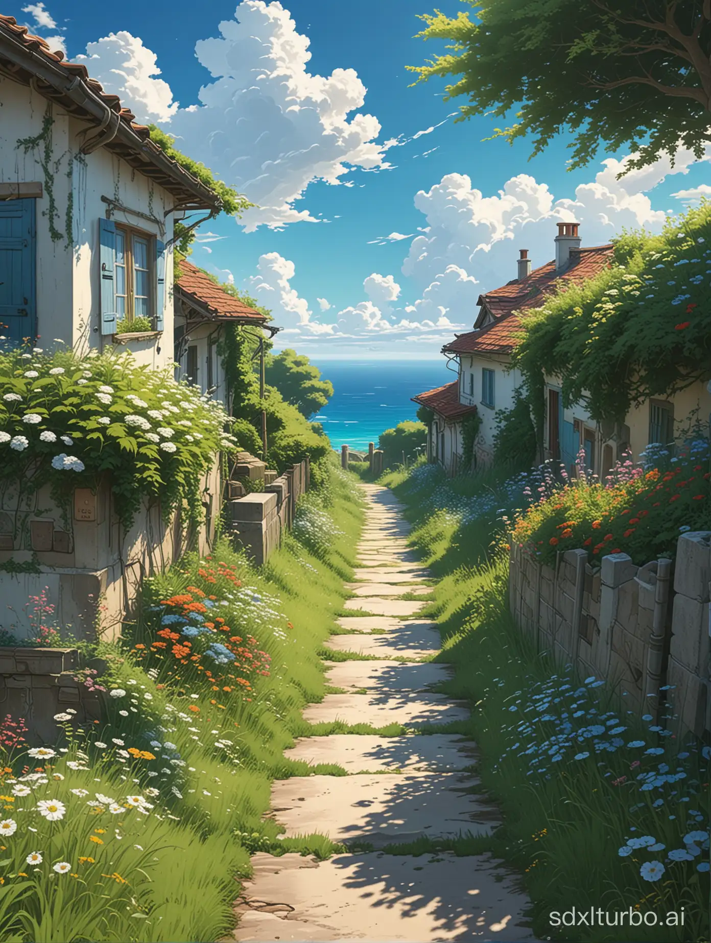 A Ghibli anime anime style, a pathway and side by side is abandoned houses full of grass and flowers,ocean overlooking,detailed shadow of Trees,blue sky,fluffy white clouds,glossy look,cinematic