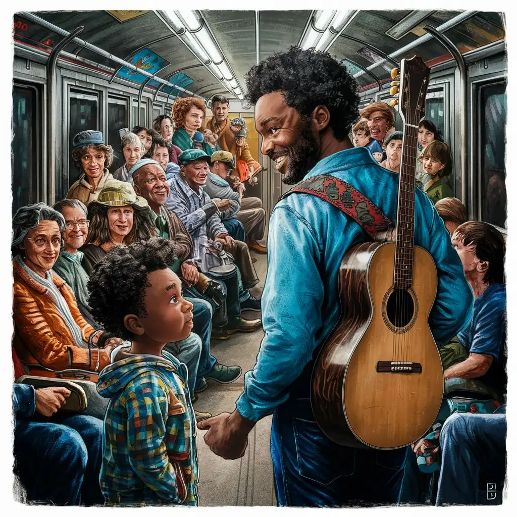 маленький мальчик, взрослый человек с гитарой за спиной, вагон метро