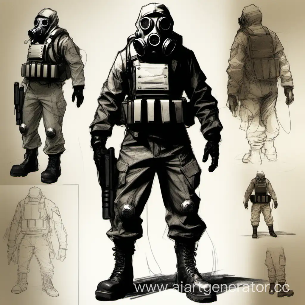 concept art, sketch, soldier, futuristic, old style gasmask, baggy pants, combat boots, heavy body armor