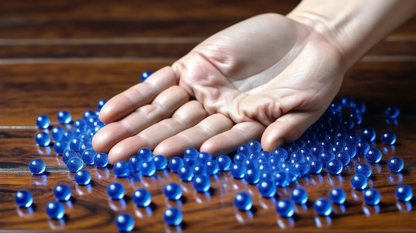 Glistening Blue Water Beads on Wooden Floor CloseUp Shot