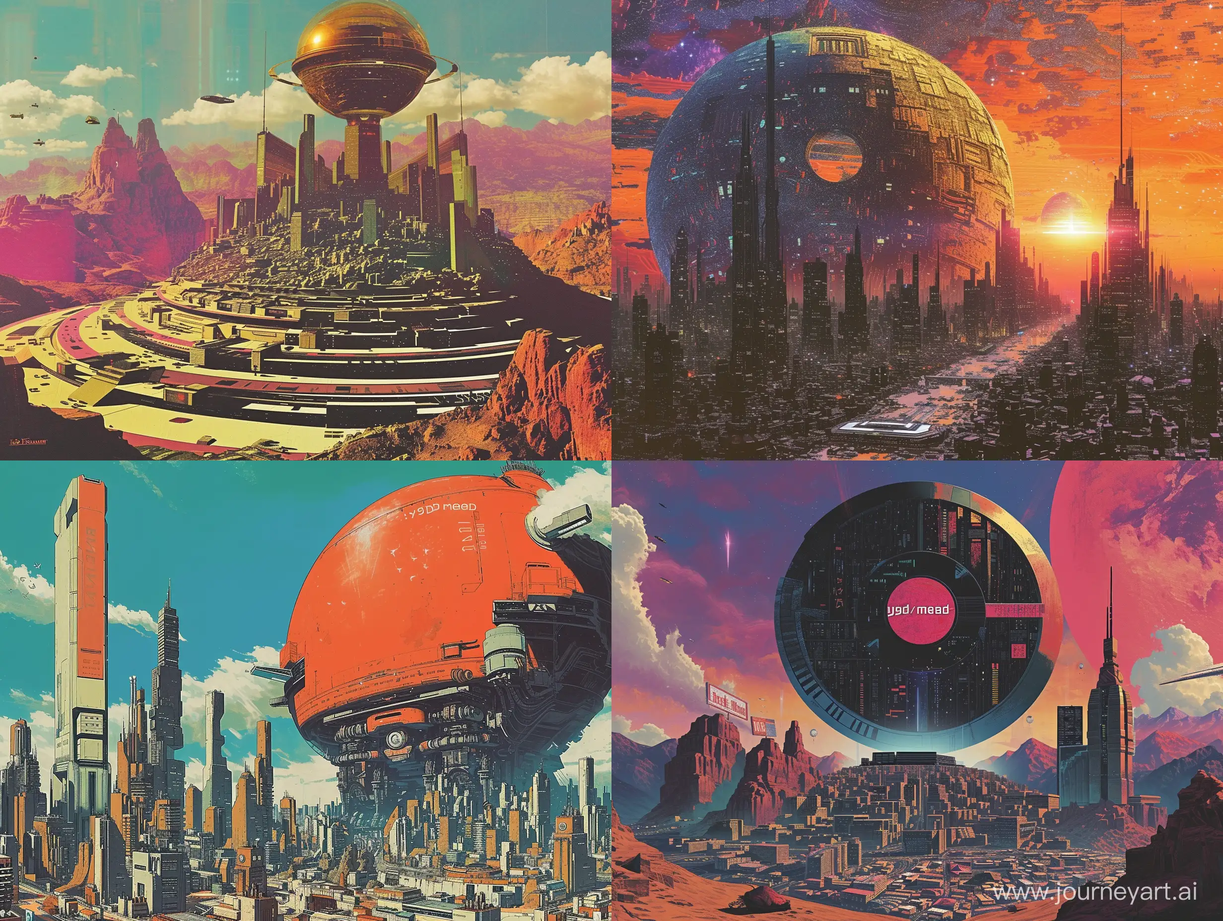 a city with a giant dvd, retro futurism poster artwork, futurism, artwork by Syd Mead, synthwave artwork poster, retro, 70s, 80s, vintage artwork poster, visual, aesthetic, surrealism, fantasy art work poster, artwork by Hiroshi Nagaim , vintage poster, nostalgic, nostalgic colors, illustration, exploration, artwork by Robert McCall