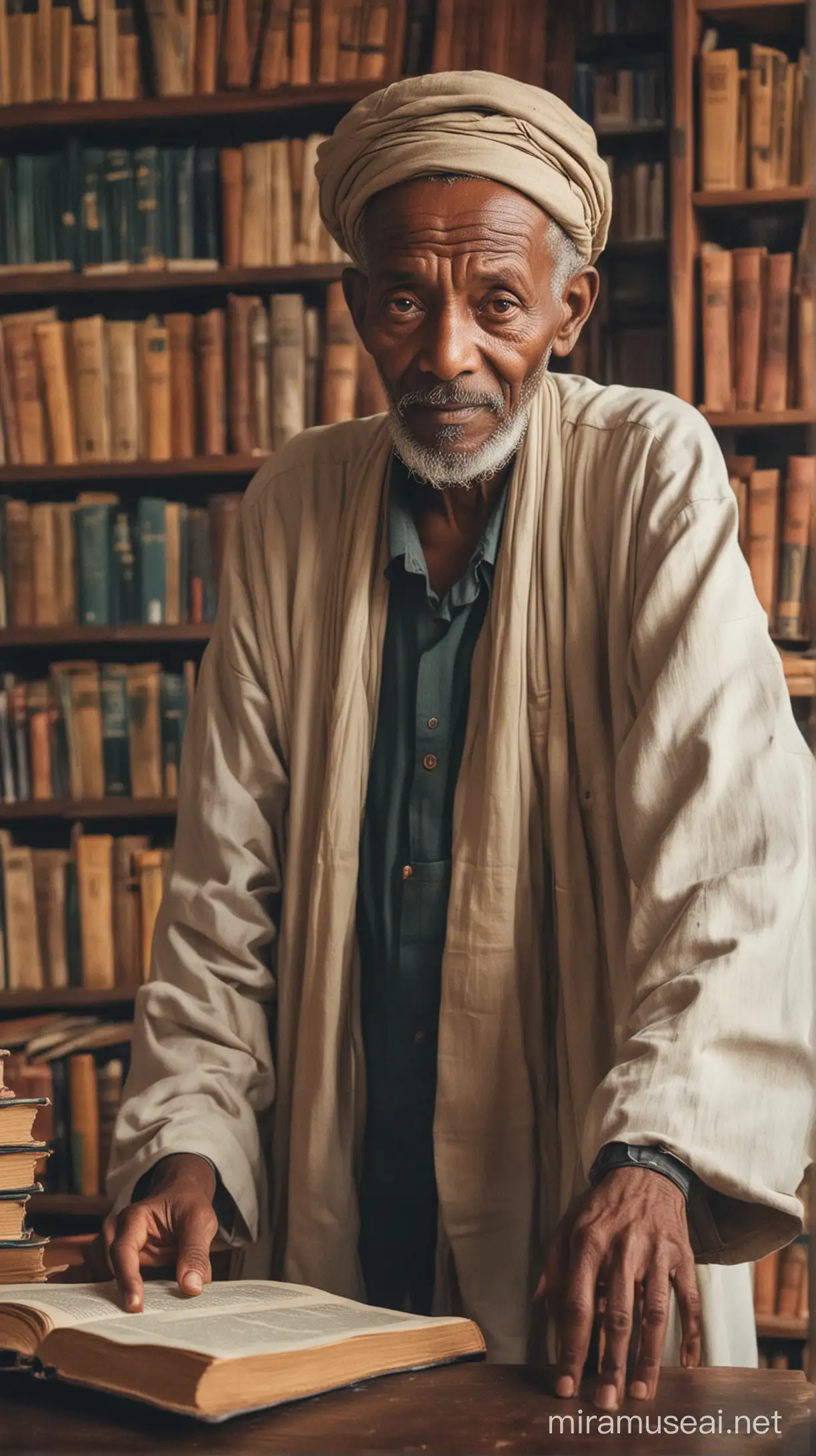 Elderly Ethiopian Man Engrossed in Library Study