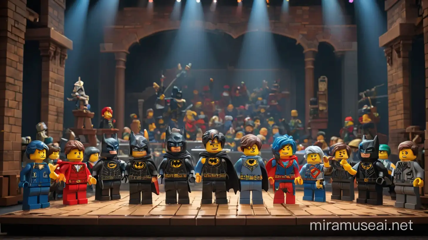 There is a theatre stage. 6 lego characters are bowing at the center of stage. First character is a superhero. Secong character is police. Third character is thief. Fourth character is orchestra chief. Fifth character is cameraman. And sixth character also superhero. There are some legos are dancing in the back of the stage.