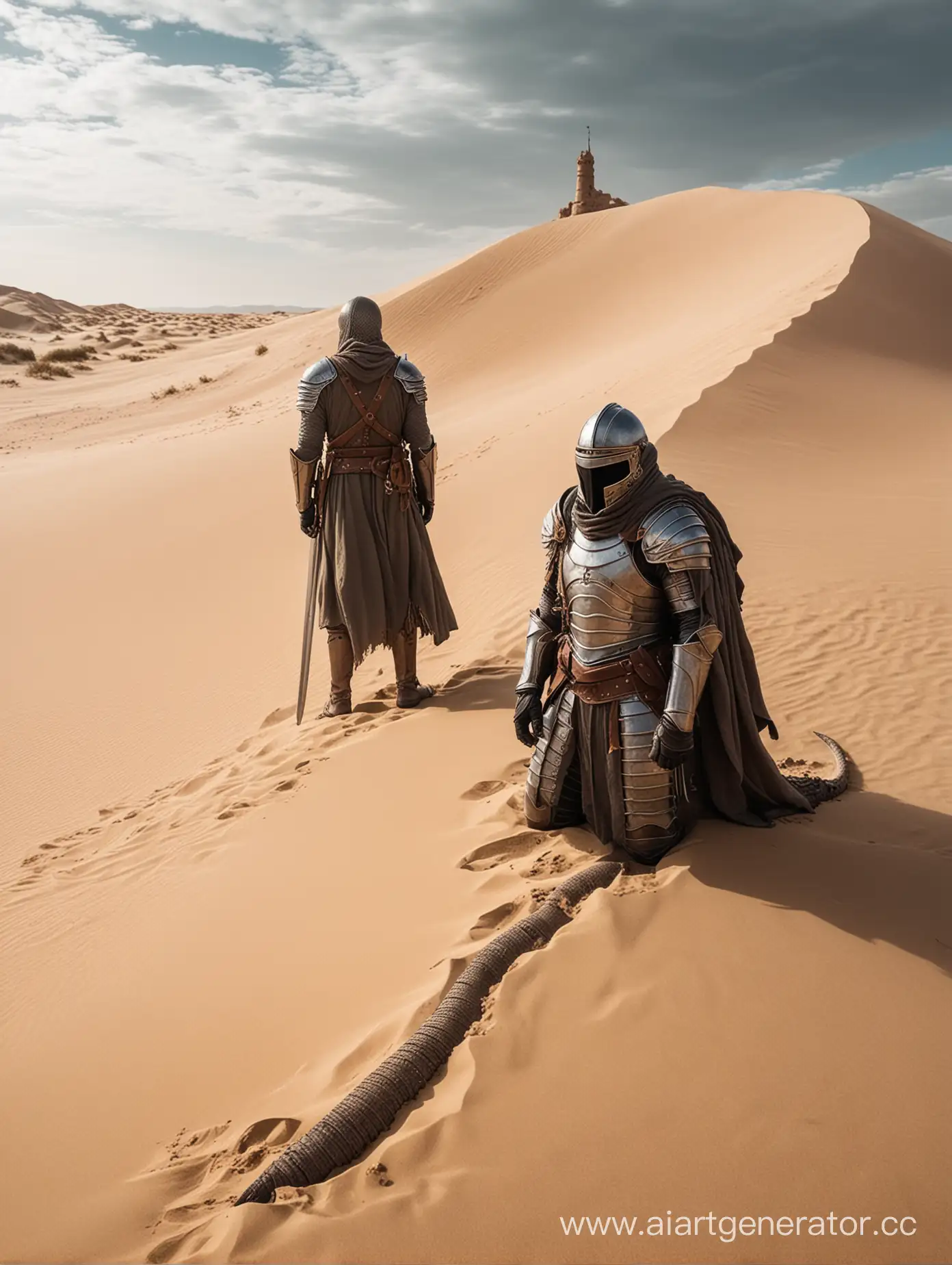 Knight-Confronts-Gigantic-Worm-in-Desert-Landscape