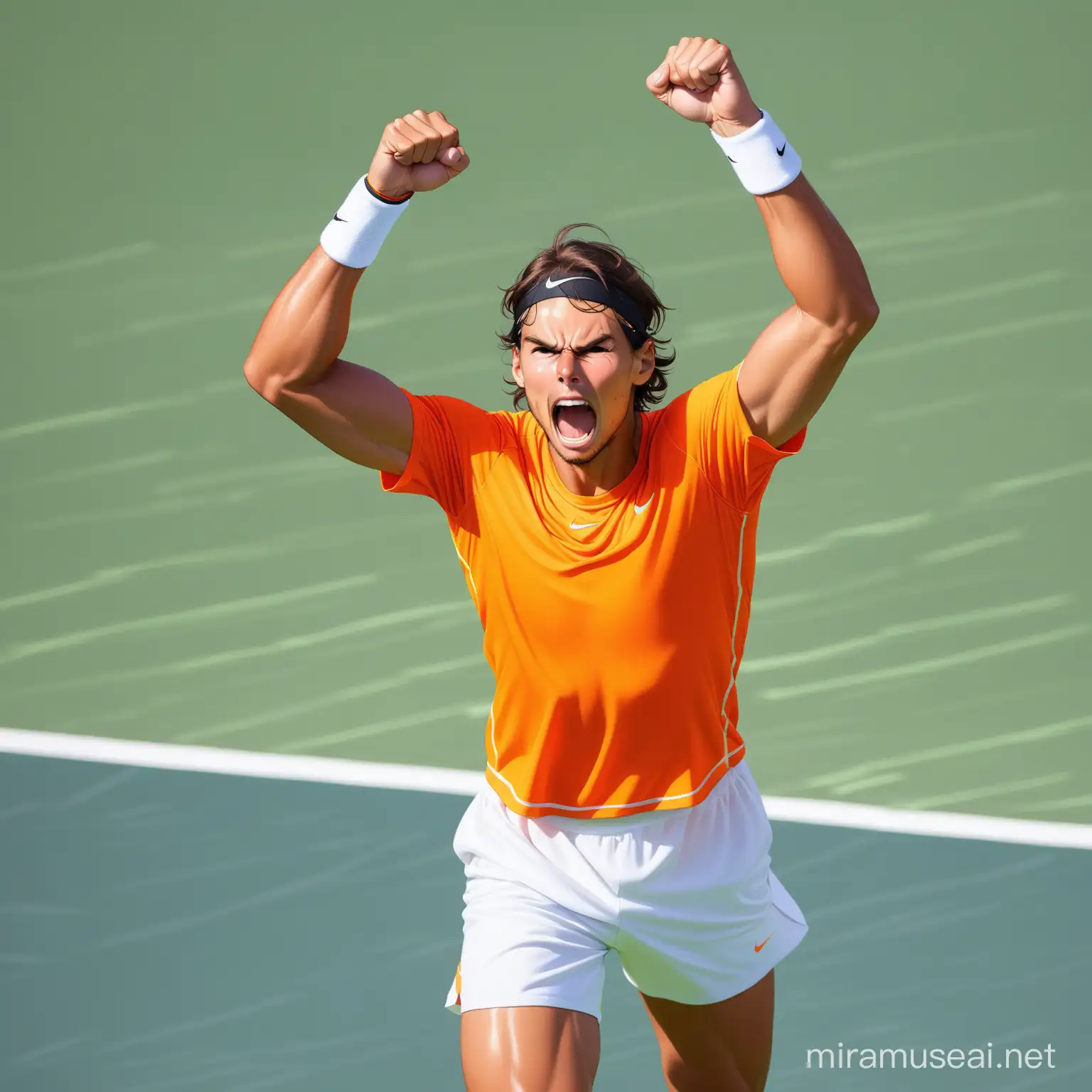 Rafael Nadal qui dresse le poing vers le haut, en signe de victoire, émus aux larmes, sur un terrain de tennis, 
