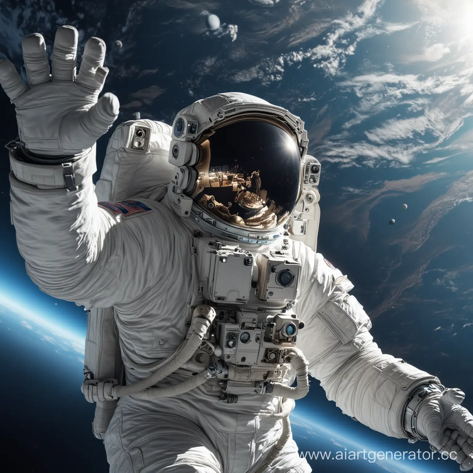 космонавт в космосе летит смотрит прямо протягивая руку веред. 4k картинка яркая сзади космонавта земля