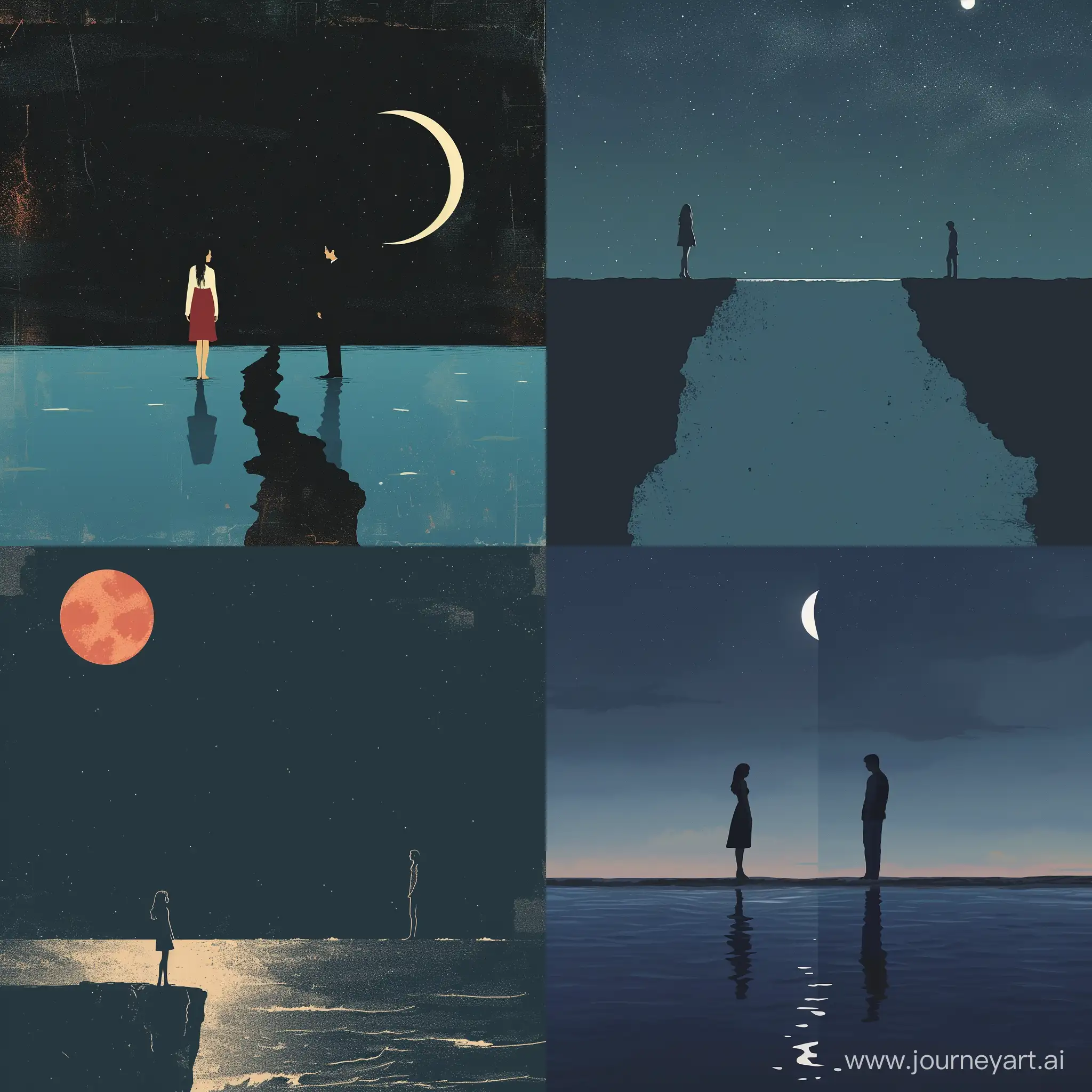 девушка и мужчина на разных берегах ночью минимализм