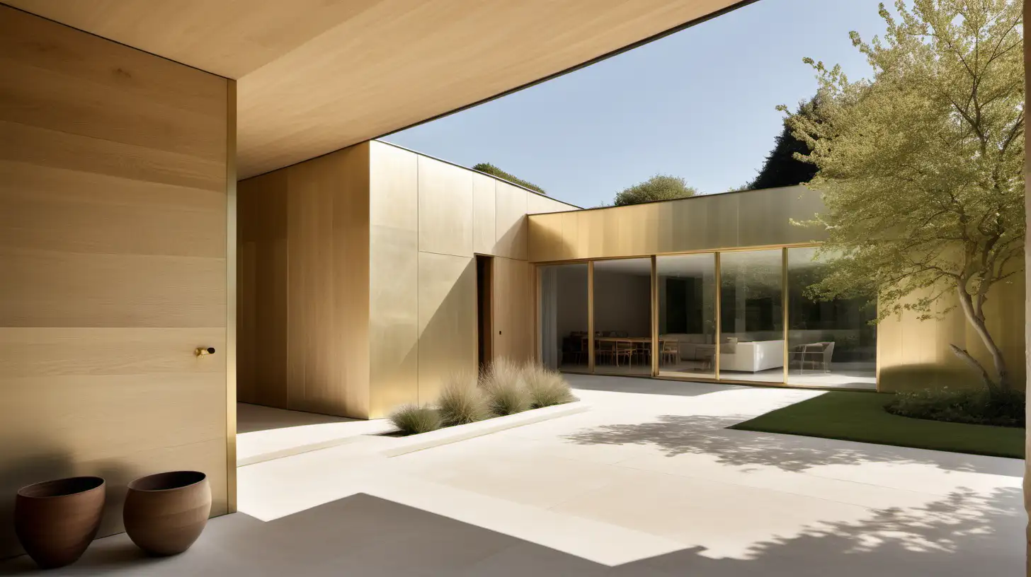 a Classic Contemporary large minimalist estate home and garden; Blonde Oak; Brass;  Limewash walls in Bauwerk Bone; a focus on simplicity and natural materials; Sunlight 