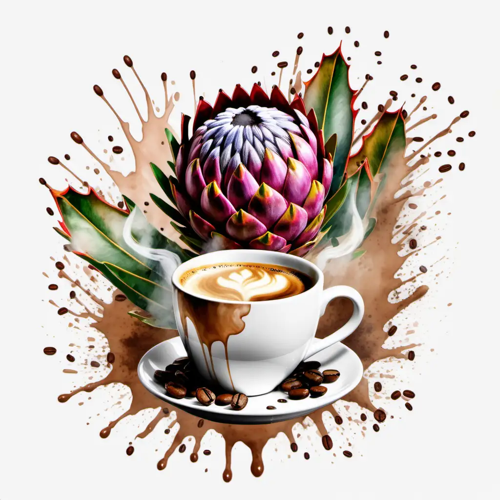 Proteas, coffee, coffee beans, steam, water colour, paint splatter,  transparent background 