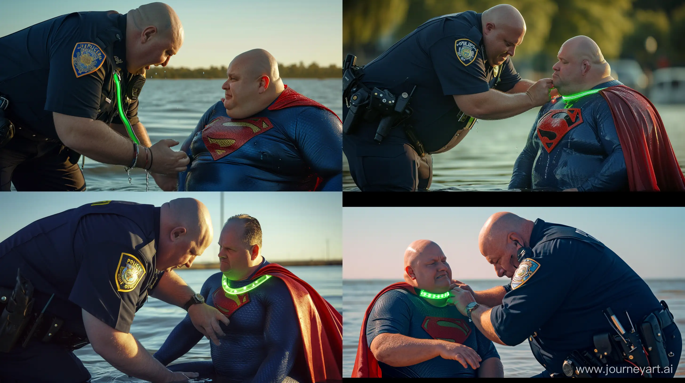 Close-up photo of a chubby man aged 60 wearing silky navy blue police uniform, bending over and tightening a green glowing small short dog collar on the neck of another chubby man aged 60 sitting in the water and wearing a silky navy blue superman costume with a large red cape. Outside. Bald. Clean Shaven. --style raw --ar 16:9 --v 6