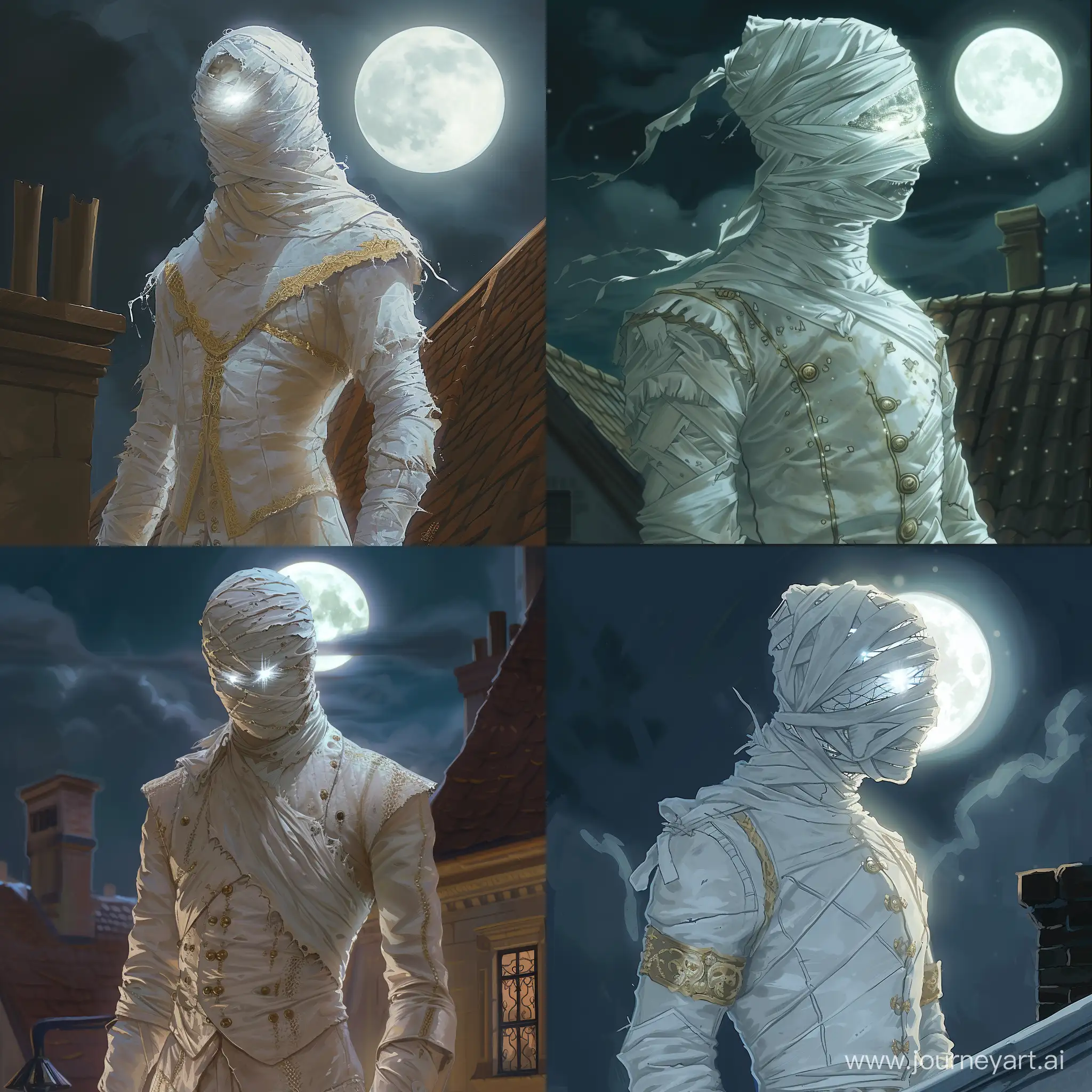 Draw a character from the Dungeons and Dragons universe according to the following description: He is a 30 years old male changeling dressed in white doublet sparingly ornated with pale gold. Head is fully covered with mummy-like bandages. No parts of the face are showing, except for his eyes shimmering with white light. He is watching from the rooftop, with a full moon on the background