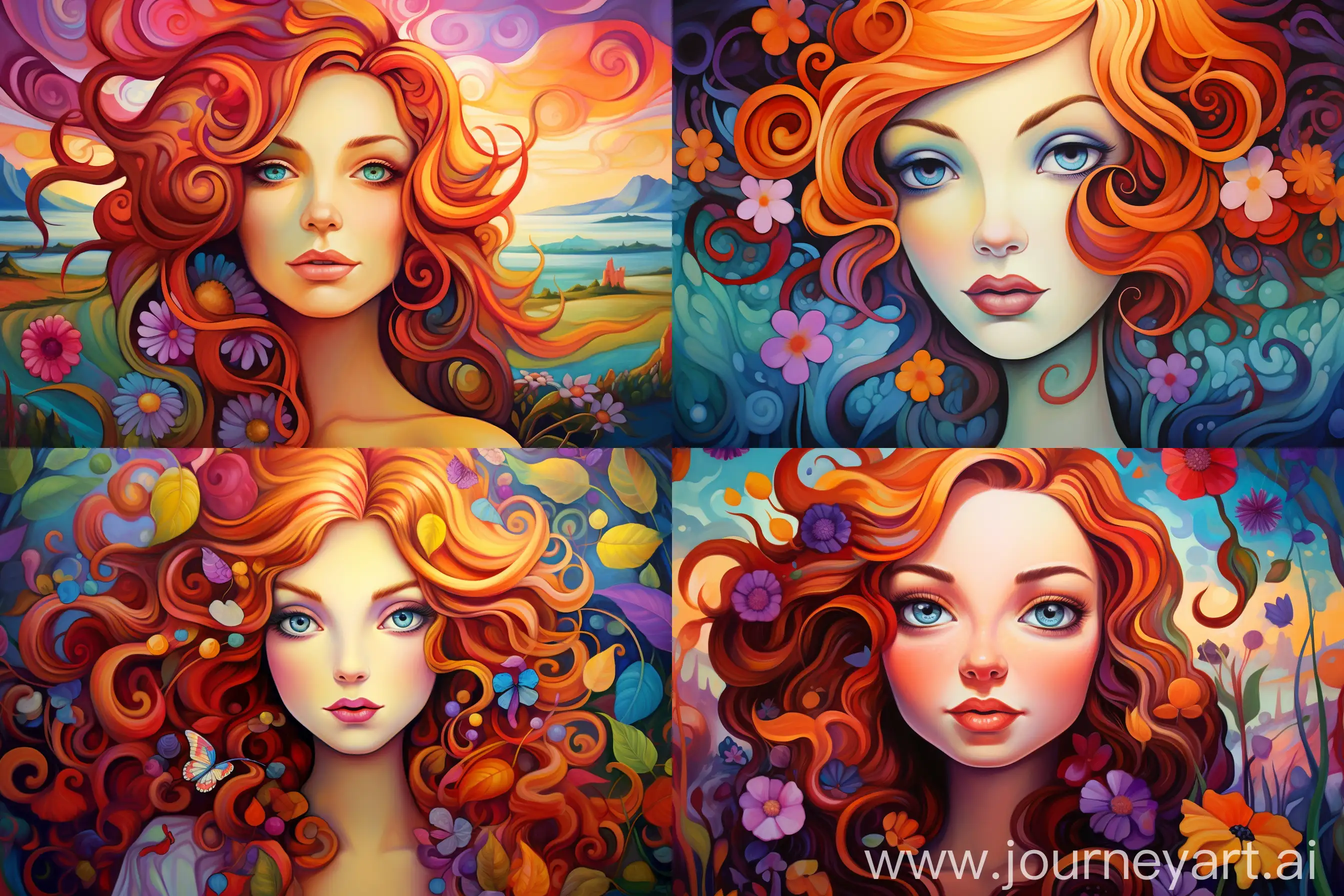 a painting of a woman's face with a landscape in the background, a fine art painting by Jeremiah Ketner, deviantart, figurative art, whimsical, detailed painting, fauvism --v 5.2 --q 2 --ar 3:2