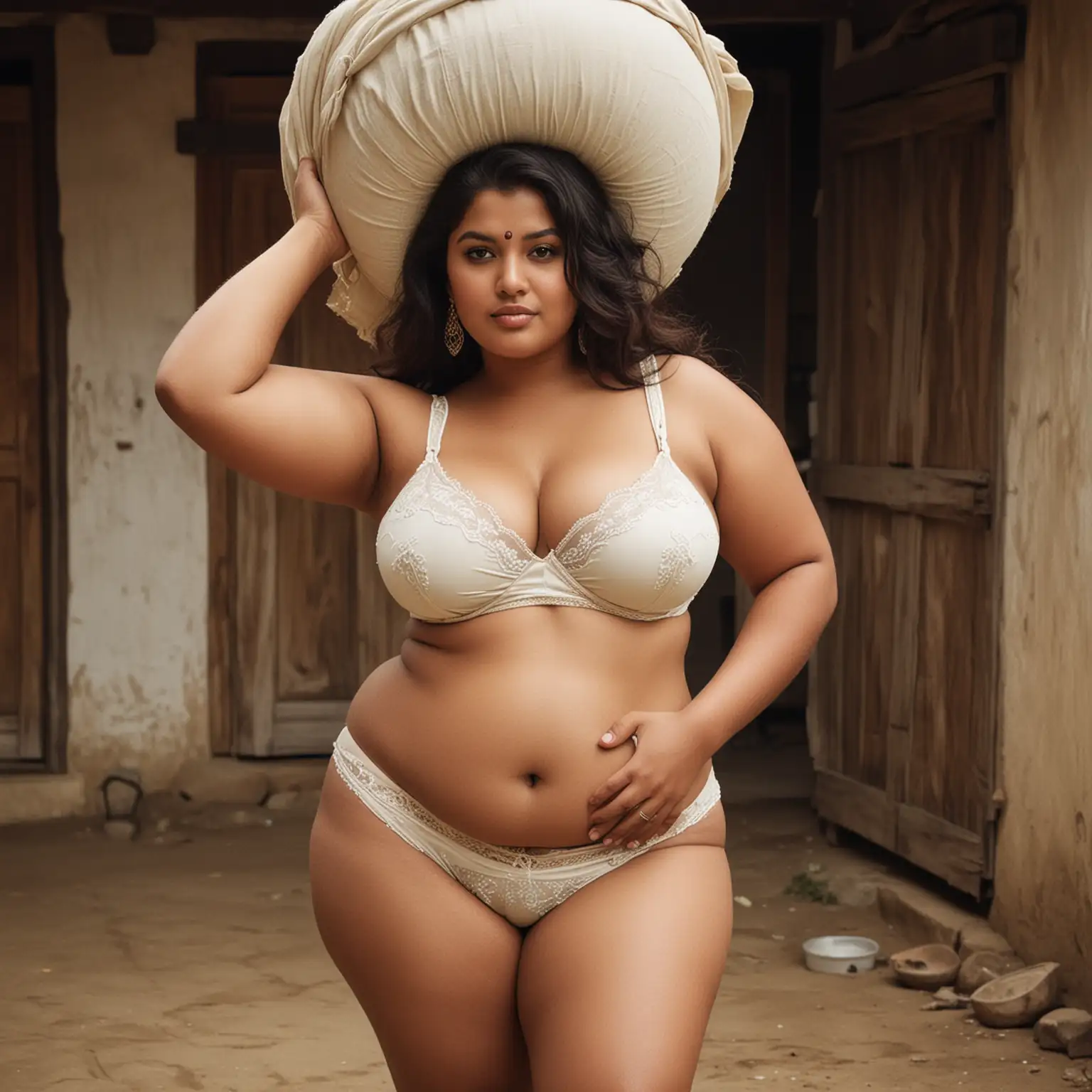 Here's the refined and erotic version of your prompt:

"Envision a seductive BBW woman with curves that command attention, clad in nothing but an old Bangladeshi undergarment that clings to her ample form. Her chubby waist sways enticingly as she carries a pitcher balanced effortlessly on her head, the weight of her responsibilities adding to the allure of her presence. In the rustic surroundings of a village, she exudes a raw sensuality that captivates all who behold her, a symbol of strength and beauty intertwined."