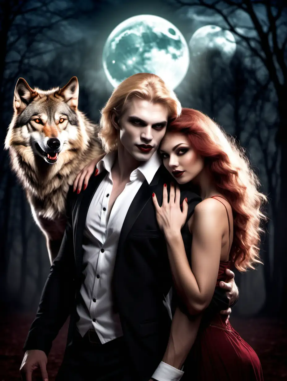 create image with a blonde hair male vampire holding a beautiful light brown skinned women with reddish hair and a wolf in the background under the moon
