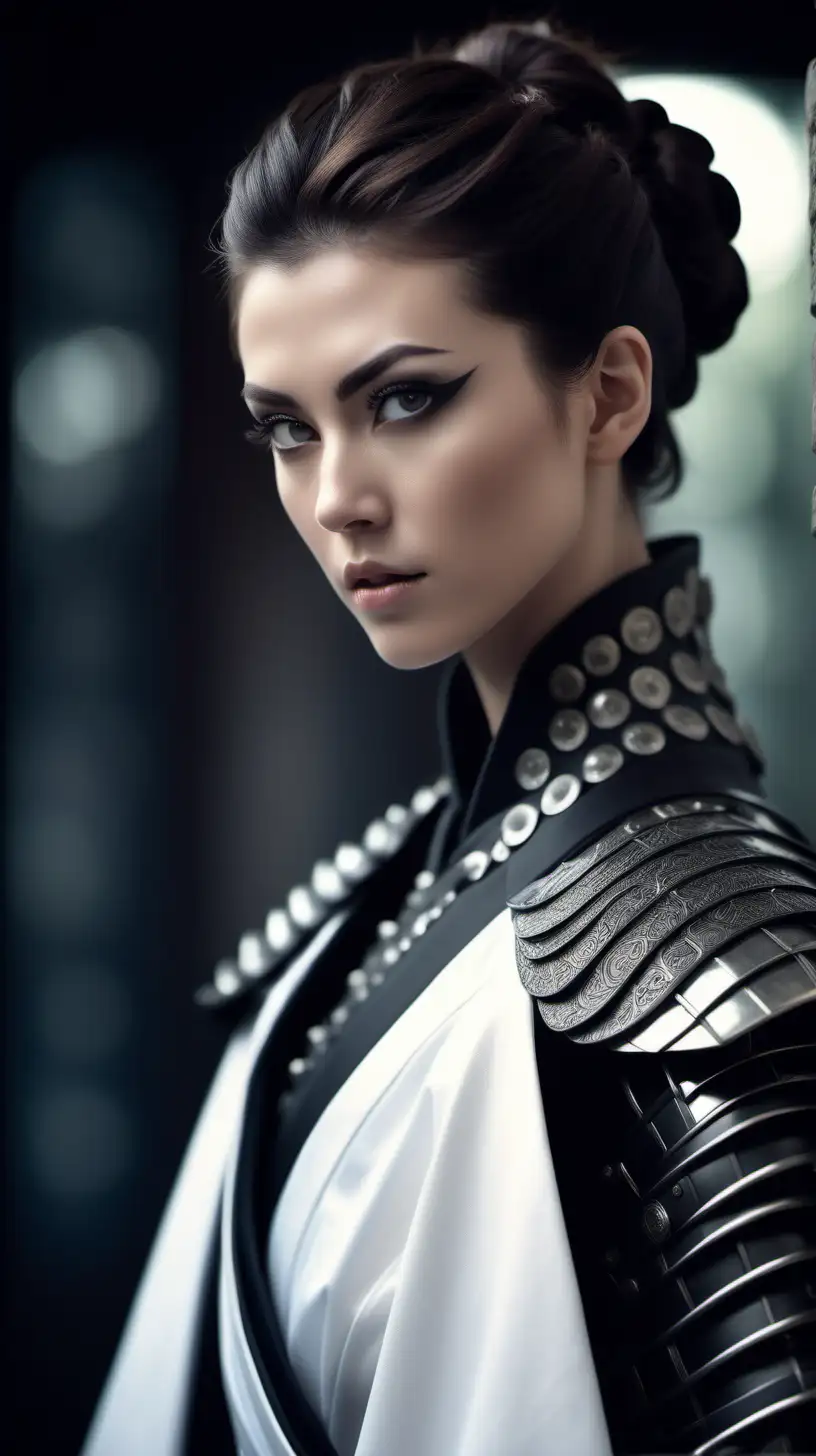 Beautiful Nordic androgynous woman, very attractive face, detailed eyes, slim body, long dark hair in an updo, wearing a black and white armored samurai suit, long white cape, bokeh background, soft light on face, rim lighting, facing away from camera, looking back over her shoulder, photorealistic, very high detail, extra wide photo, full body photo, aerial photo