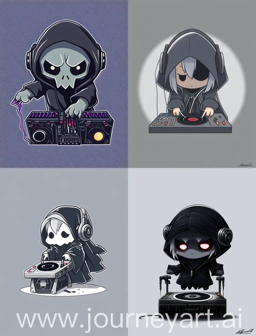 Grim-Reaper-Chibi-DJ-Animated-Anime-Character-with-Vibrant-Lines-on-Grey-Background