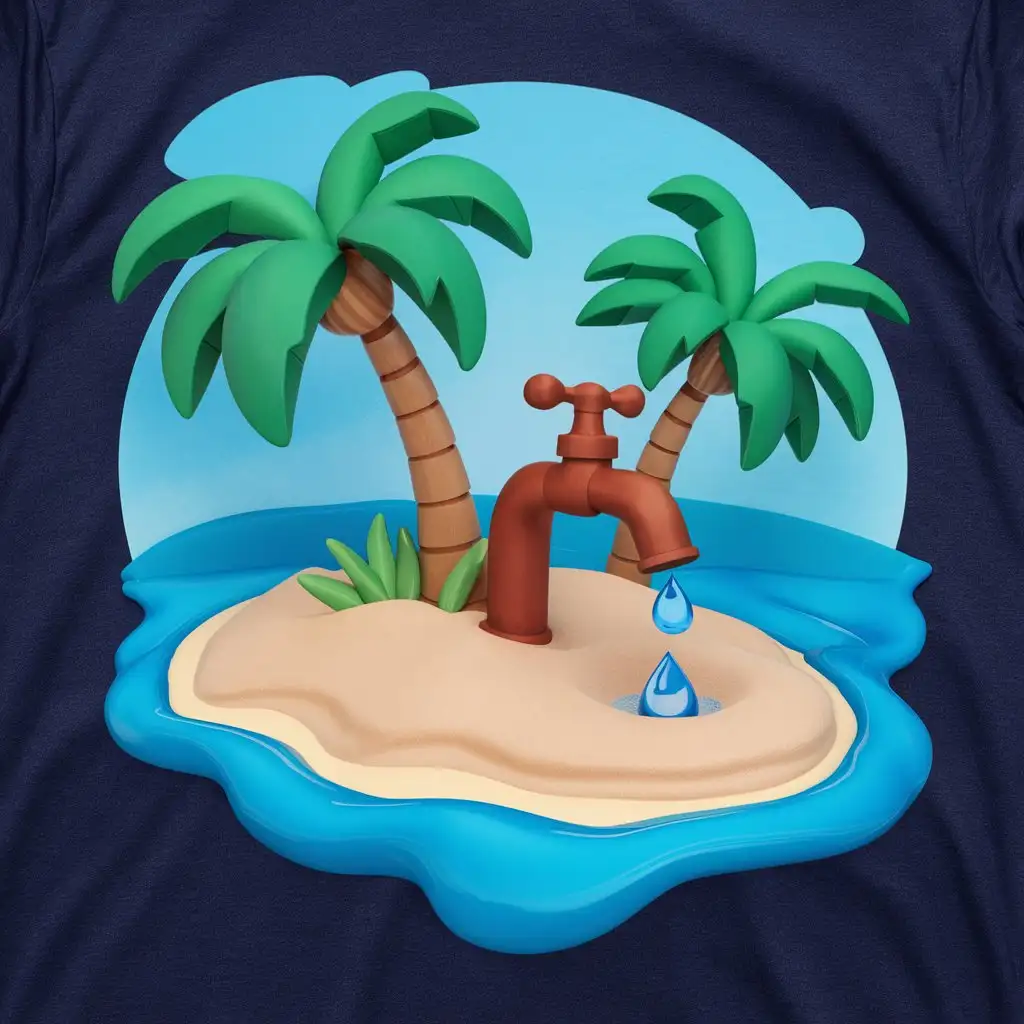 2d tshirt graphic design, with an island, and 2 coconut trees, and a faucet, only one drop coming out of the faucet