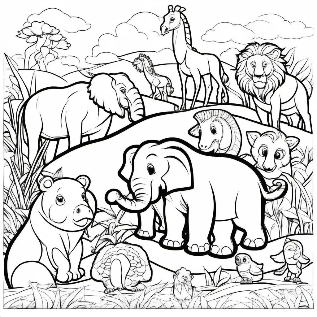 Group-of-Animals-Coloring-Page-Simple-Line-Art-on-White-Background