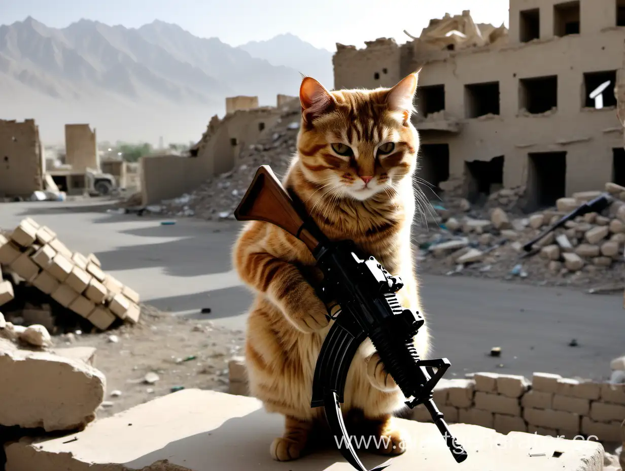 Военный русский кот в Афганистане с ak47 на фоне руин