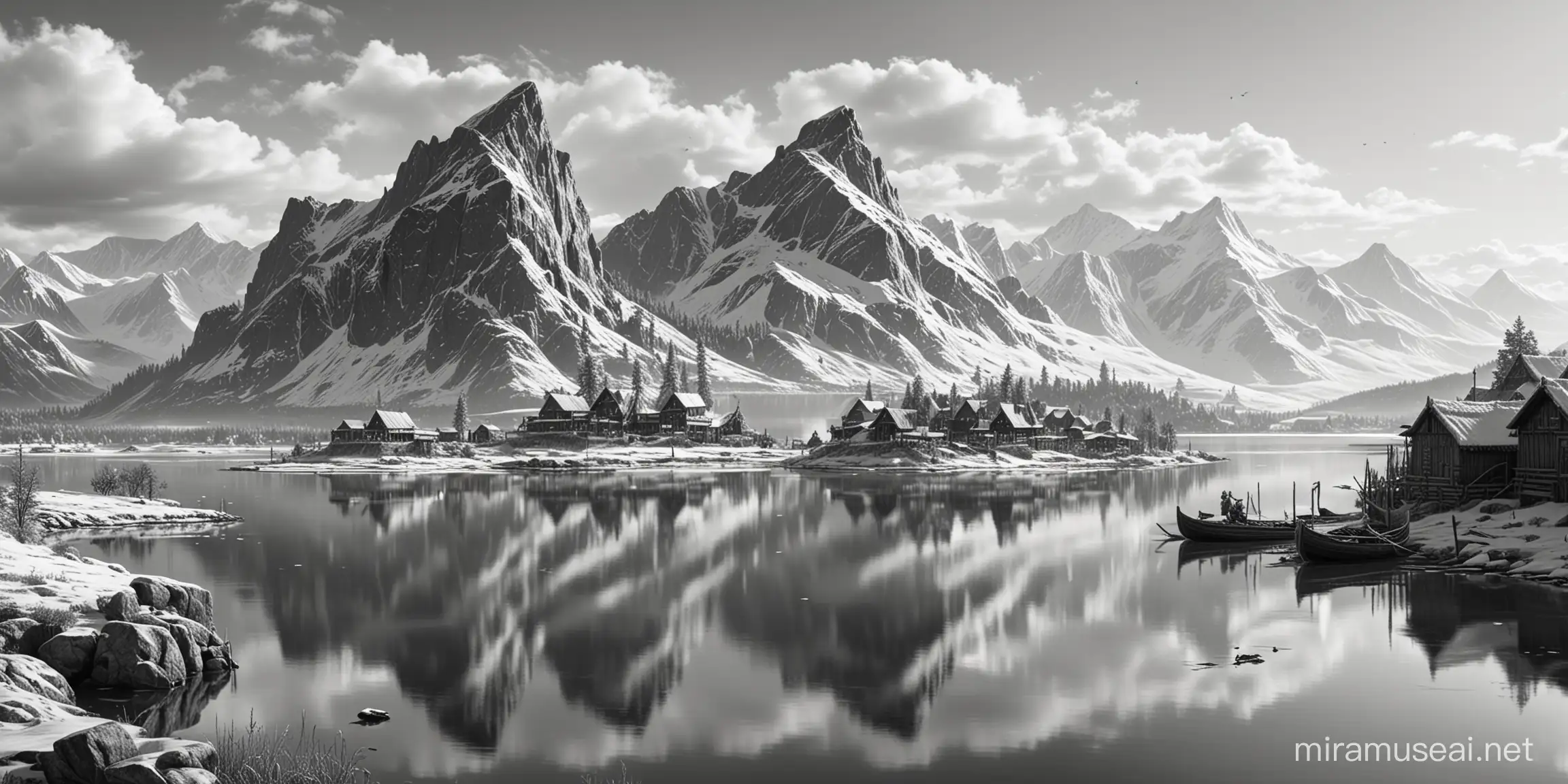 Vikings, clear skies with floating islands, tall snowy mountains with distant northern village with lake, detailed black and white Illustration