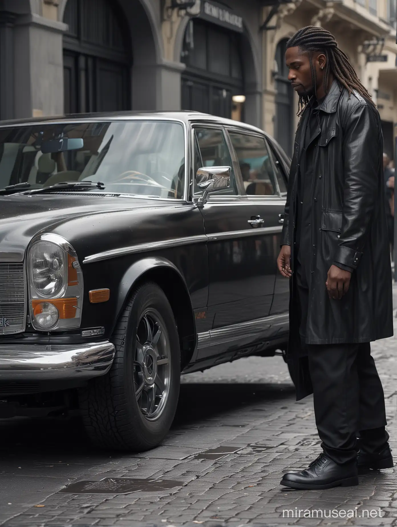 (best quality,4k,highres,masterpiece:1.5),ultra-detailed,photorealistic, side view of a black Mercedes-Benz S600 Guard car, guarded by several people wearing black tactical clothing and holding M16 replicas, a handsome carribean man aged 25, clean face with slightly long, dreadlocks hair parted in the middle, looking wrinkled and wet, wearing a black shirt, long black jacket, formal trousers, and formal shoes, walking and holding a Black M16 pointed at the camera, dense daytime atmosphere on a busy street with crowds of people, ground-level view. STYLIZE 1000 --ar 16:9 --v 5 --s 250