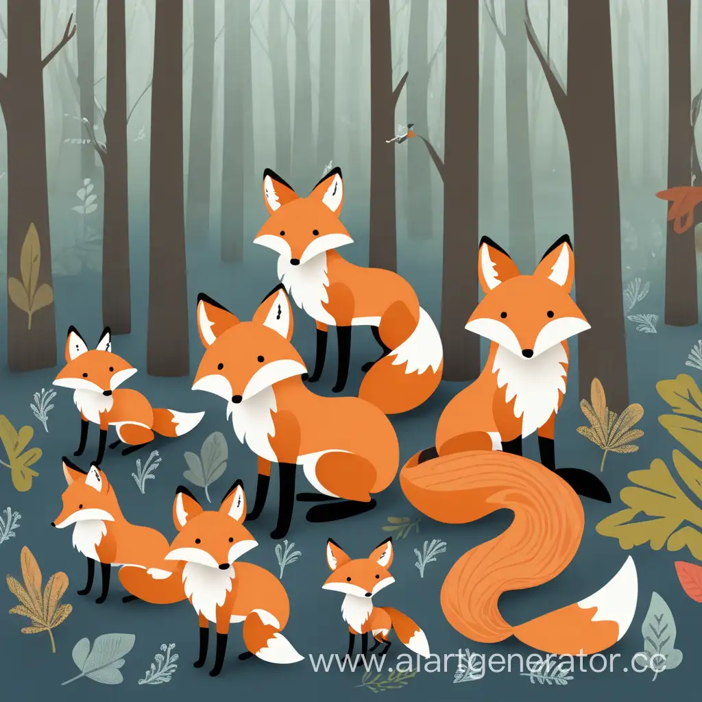 Vibrant-Gathering-of-Foxes-in-a-Lush-Forest-Habitat