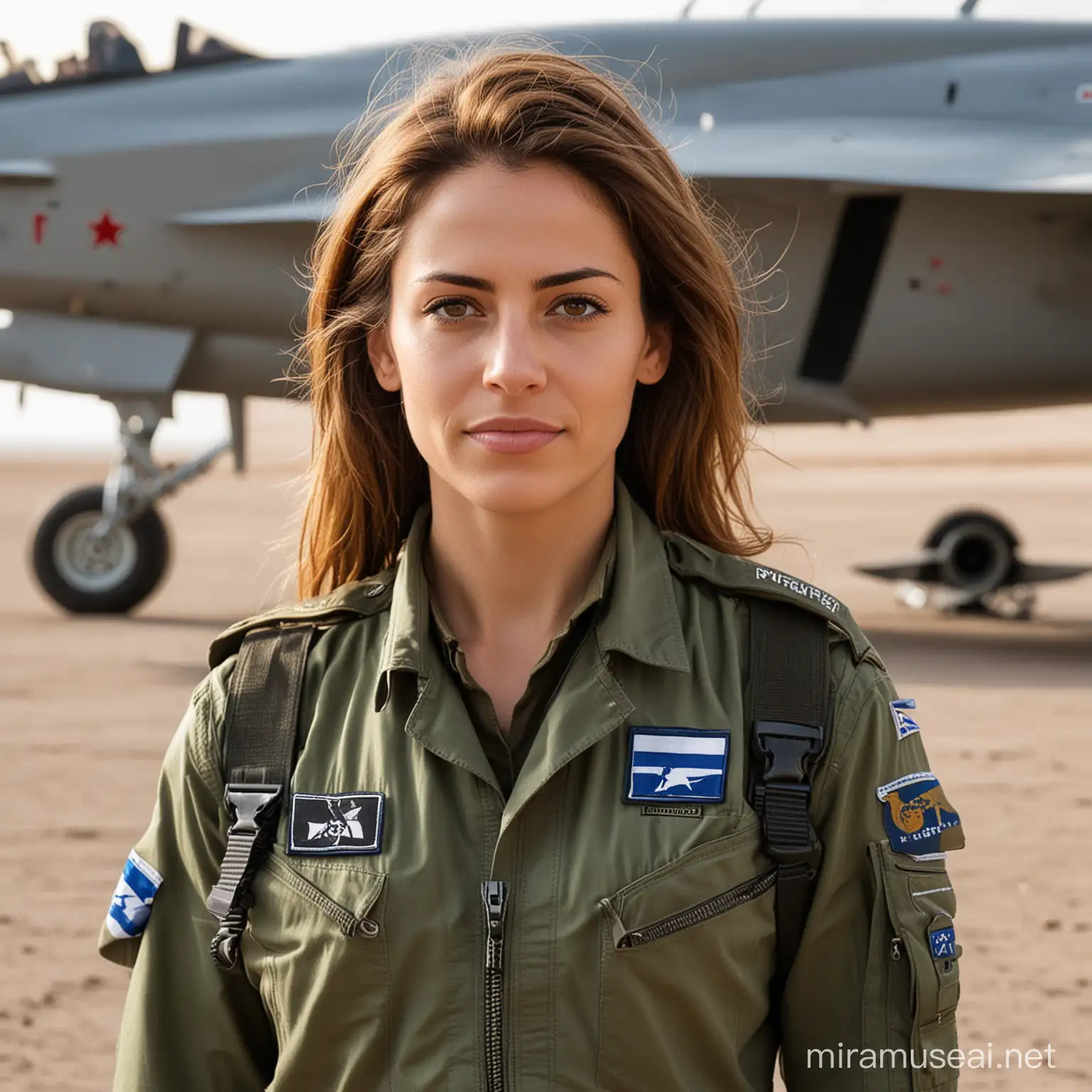 a women in israeli air force uniforms wit brown hair without glasses next to fighter jet