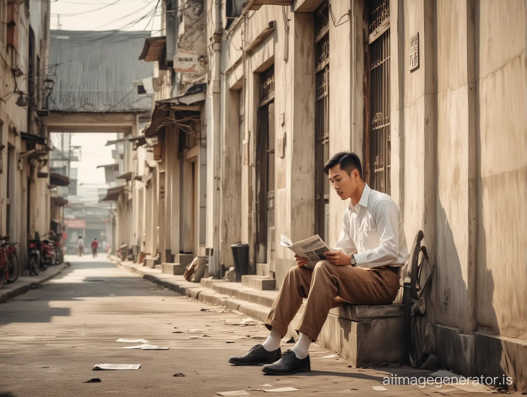 Wide Shoot angle photography, vintage portrait of an Asian man with short hair in a retro style from the 80s, reading a newspaper, wearing shoes, standing leaning againts a building wall, a horse-drawn carriage can be seen from a very far distance behind him, dynamic lighting, best angle, retro vintage photo, background of a city in Indonesia from the past in 1980 with old white buildings, 4k, cinematic