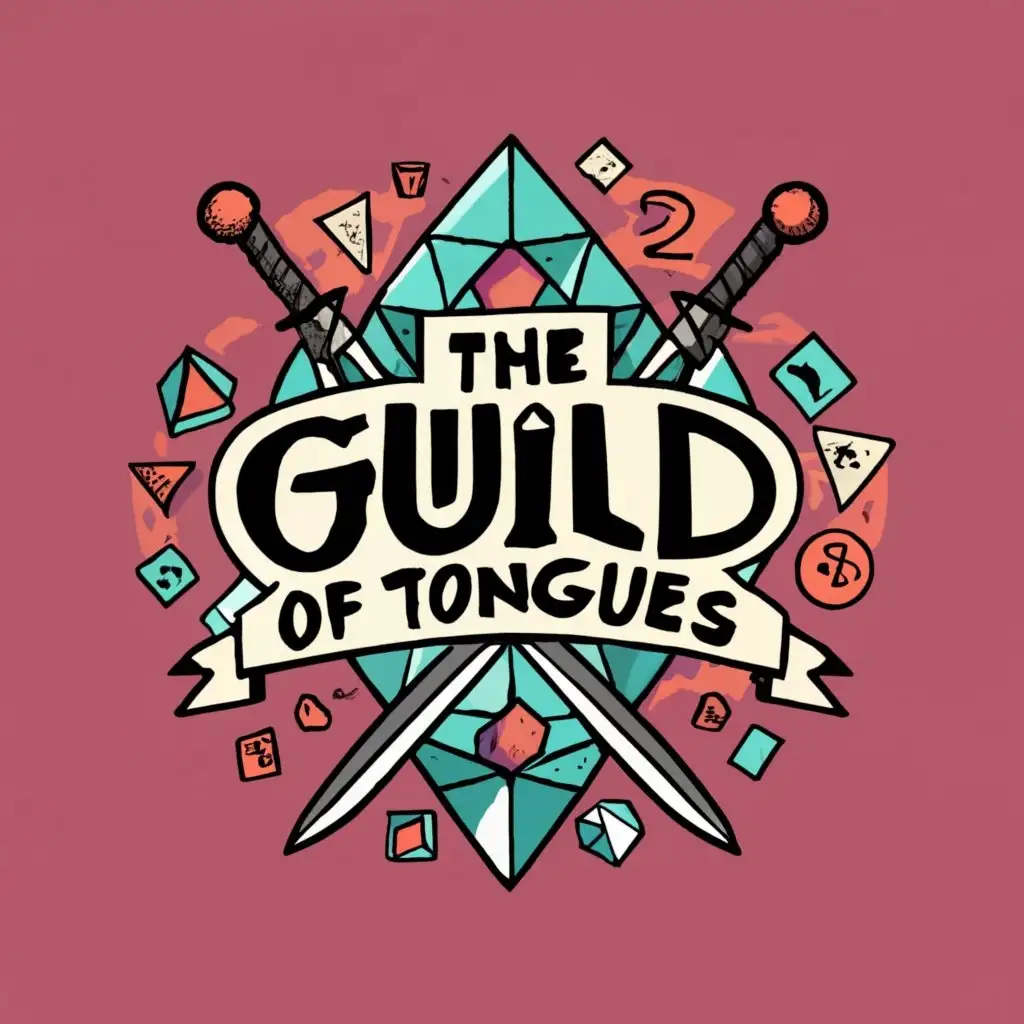 logo, Dungeons and Dragons iconography, with the text "The Guild of Many Tongues", typography, be used in Education industry. Make the D20s look more like 20 sided dice, including the numbers. Add swords and spells.
Check the spelling of the logo so it is exactly correct.