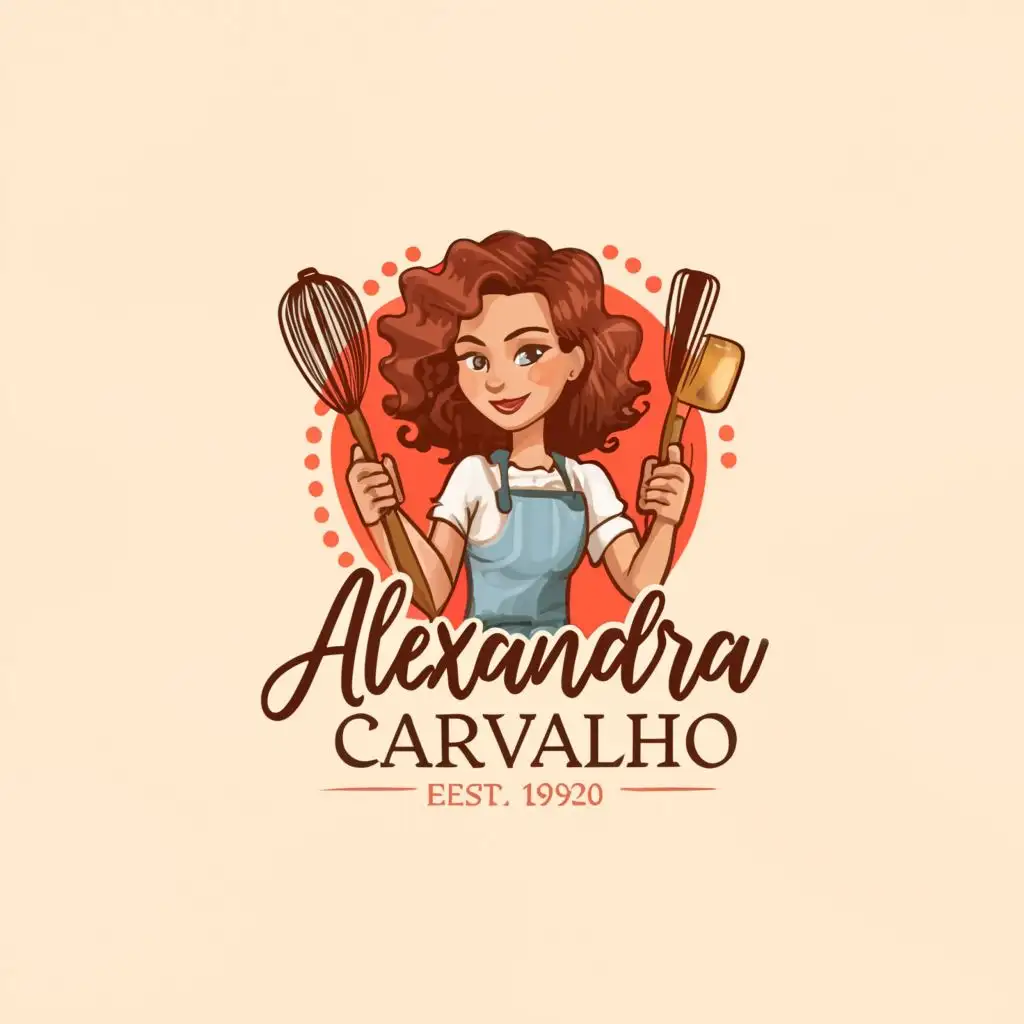 a logo design,with the text "Alexandra Carvalho", main symbol:girl with brown curly hair and bangs, holding some kitchen tools red circle,Moderate,be used in Restaurant industry,clear background