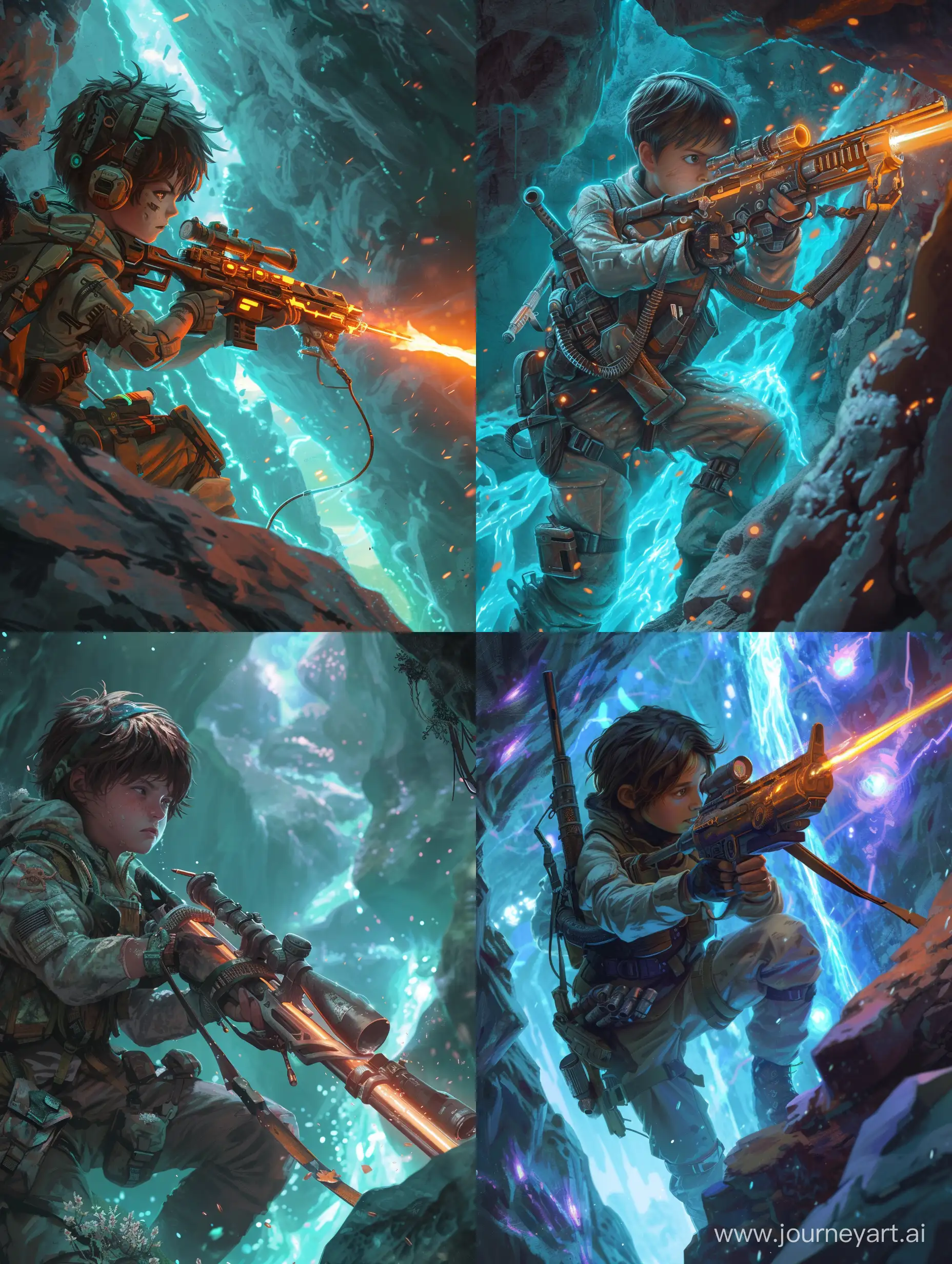 A 13-year-old cave raider with a stylistic rifle, exploring a luminous abyss. Capture his youthful determination and the mystical allure of the abyss in a detailed, anime-inspired style. Focus on his adventurous spirit, the intricate design of his gear and rifle, and the glowing, mysterious environment around him. Aim for a dynamic, high-resolution image that blends realism with fantasy, showcasing the boy ready for the depths below.