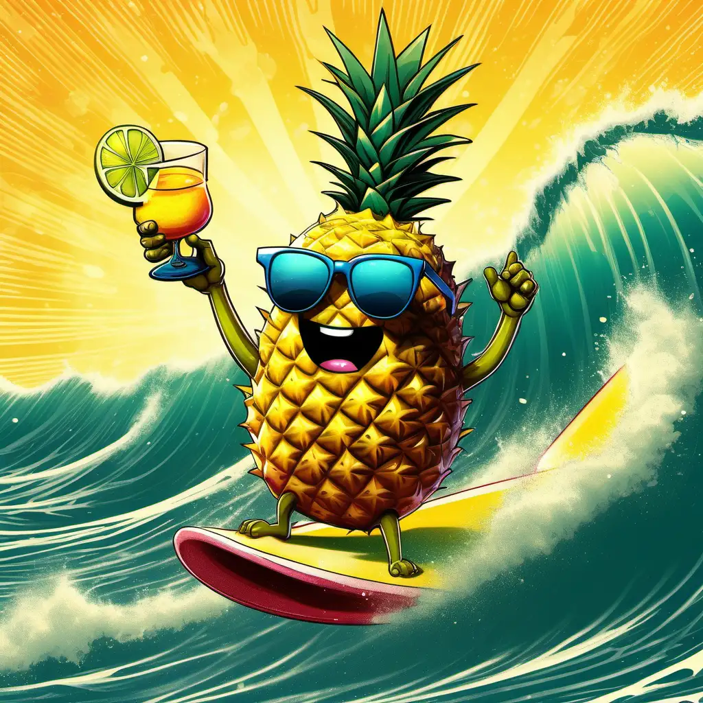 A cheerful pineapple riding a massive wave on a surfboard. The pineapple is wearing stylish sunglasses and holding a margarita drink in one hand. The sun shines brightly overhead, casting a warm glow on the scene.