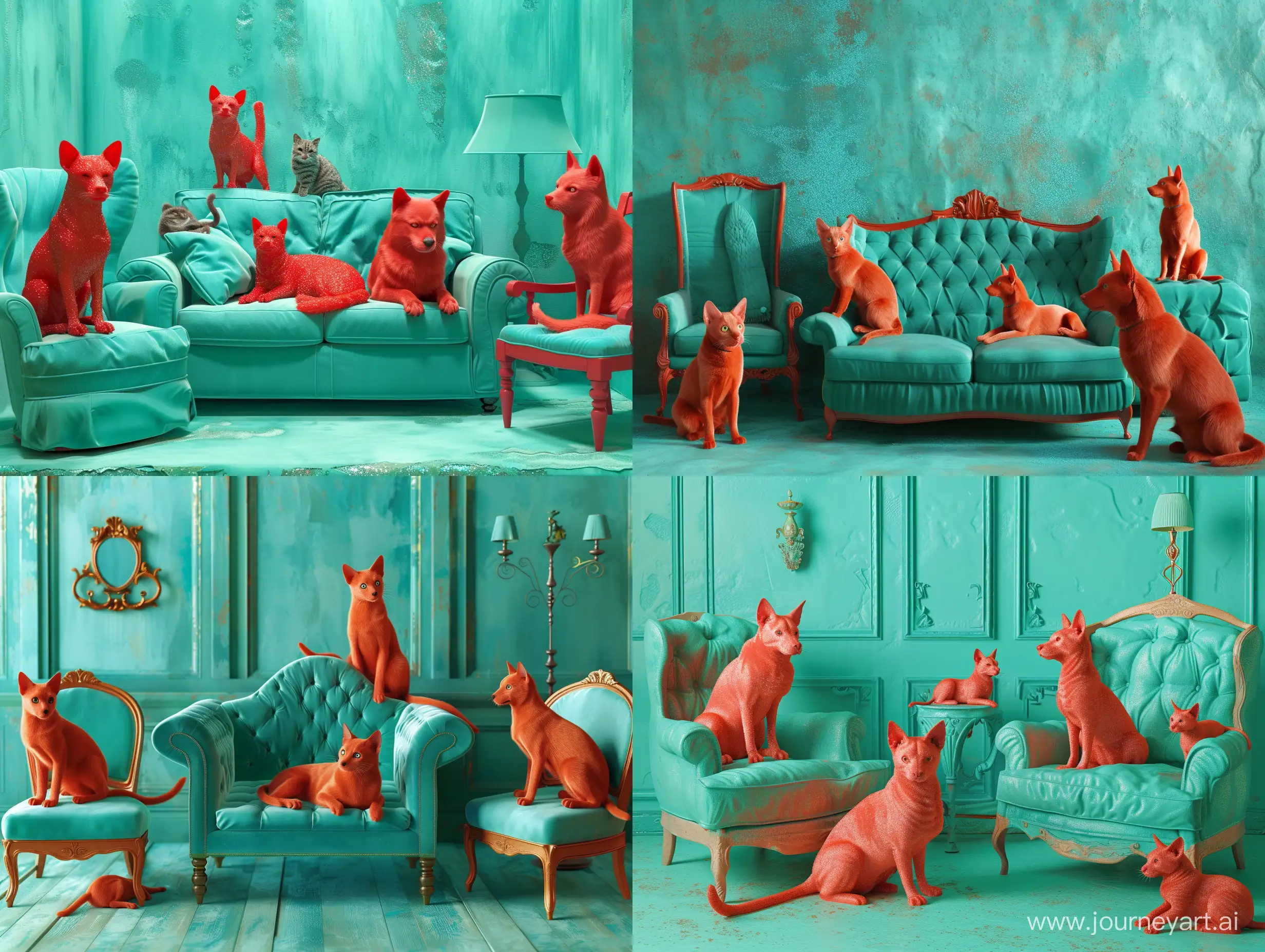 милые рыжие собаки и кошки сидят на мягком диване и кресле в комнате бирюзового цвета гипер реалистично, красивый  lumen, глиттер, профессиональное фото, 3d, реалистично, 128k,высокое разрешение, высокая детализация,cgi, гиперреализм,f/16, 1/300s.  