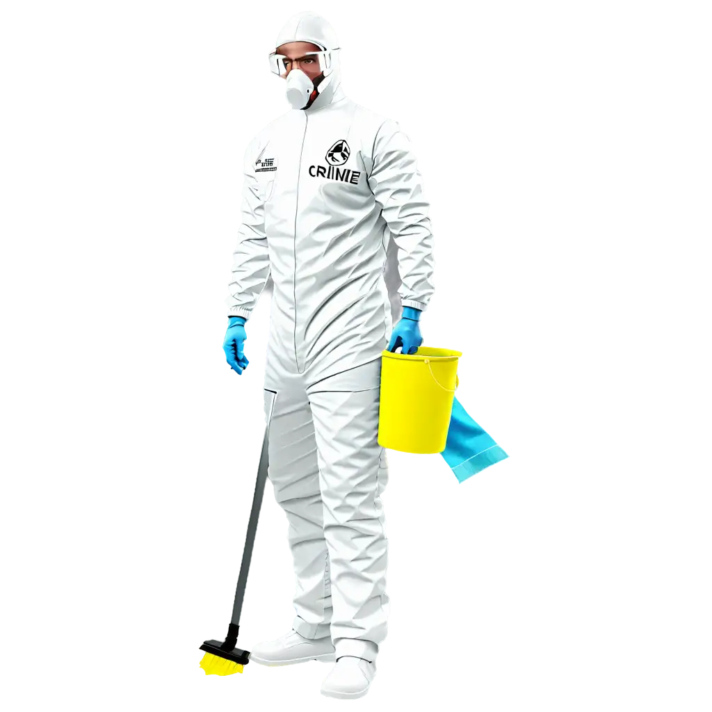 Crime scene cleaner in white biohazard suite