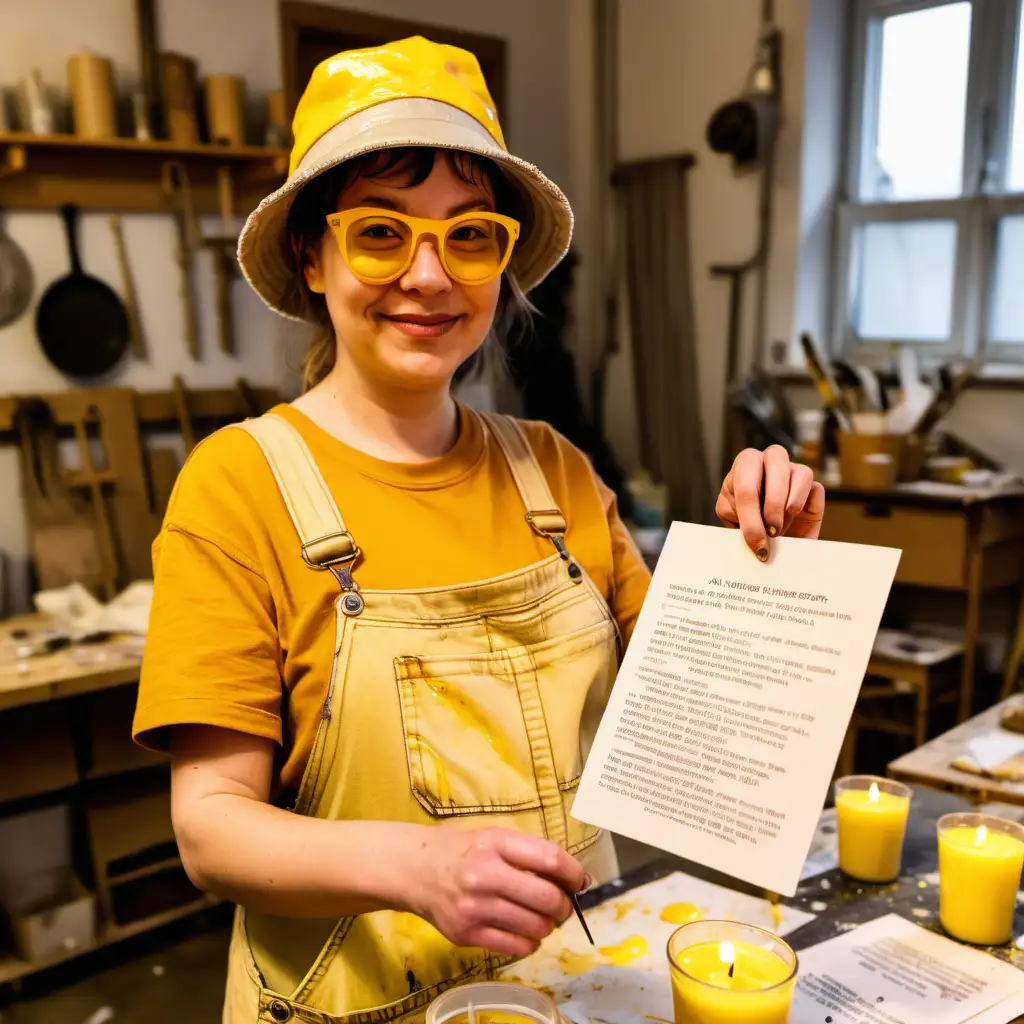 A woman is in a messy candle making workshop. She is holding up an A4 page. She is wearing overalls. She is wearing a bucket style hat. She is wearing yellow glasses.  She has a slight smile.