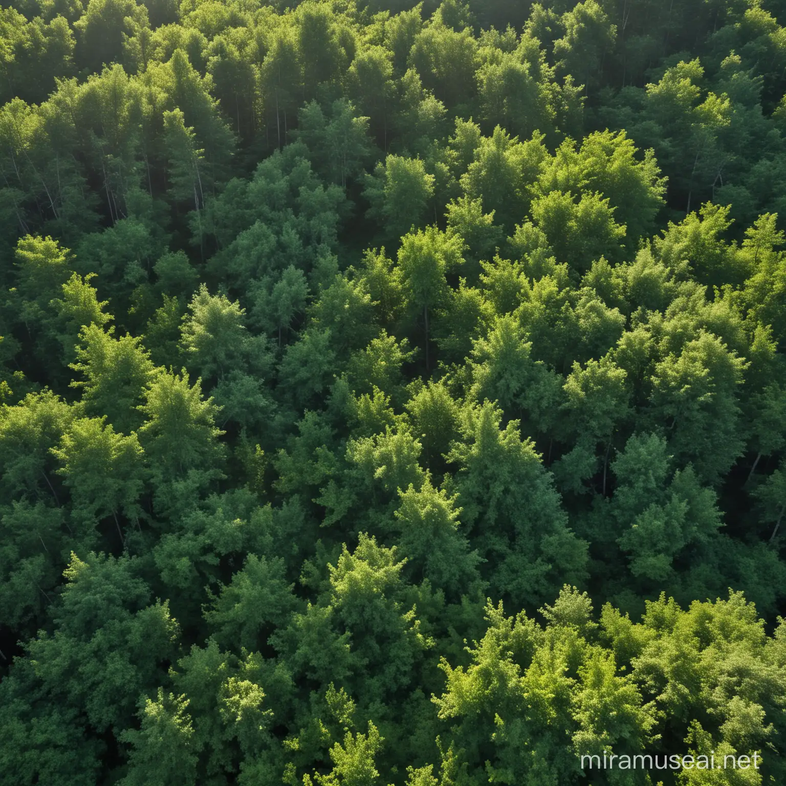 Aerial View of a Verdant Forest with Sunlight Filtering Through the Canopy