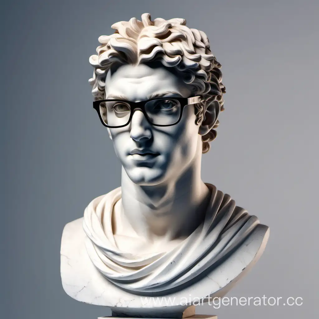 Греческая скульптура молодого мужчины в современной яркой одежде и очках