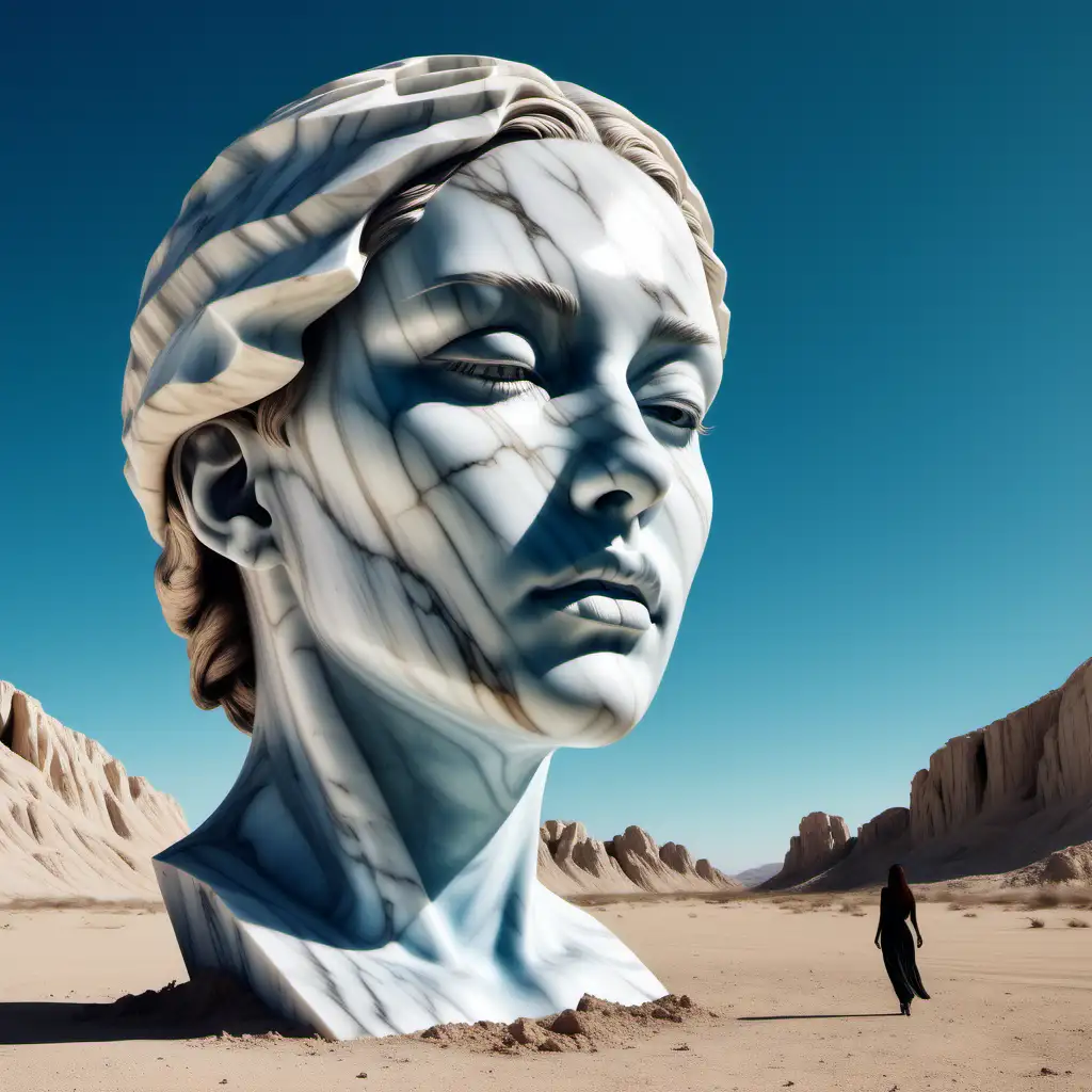 A dystopian world where they find the oversized head of a beautiful woman, chiseled in marble, emerging in a desert , blue sky