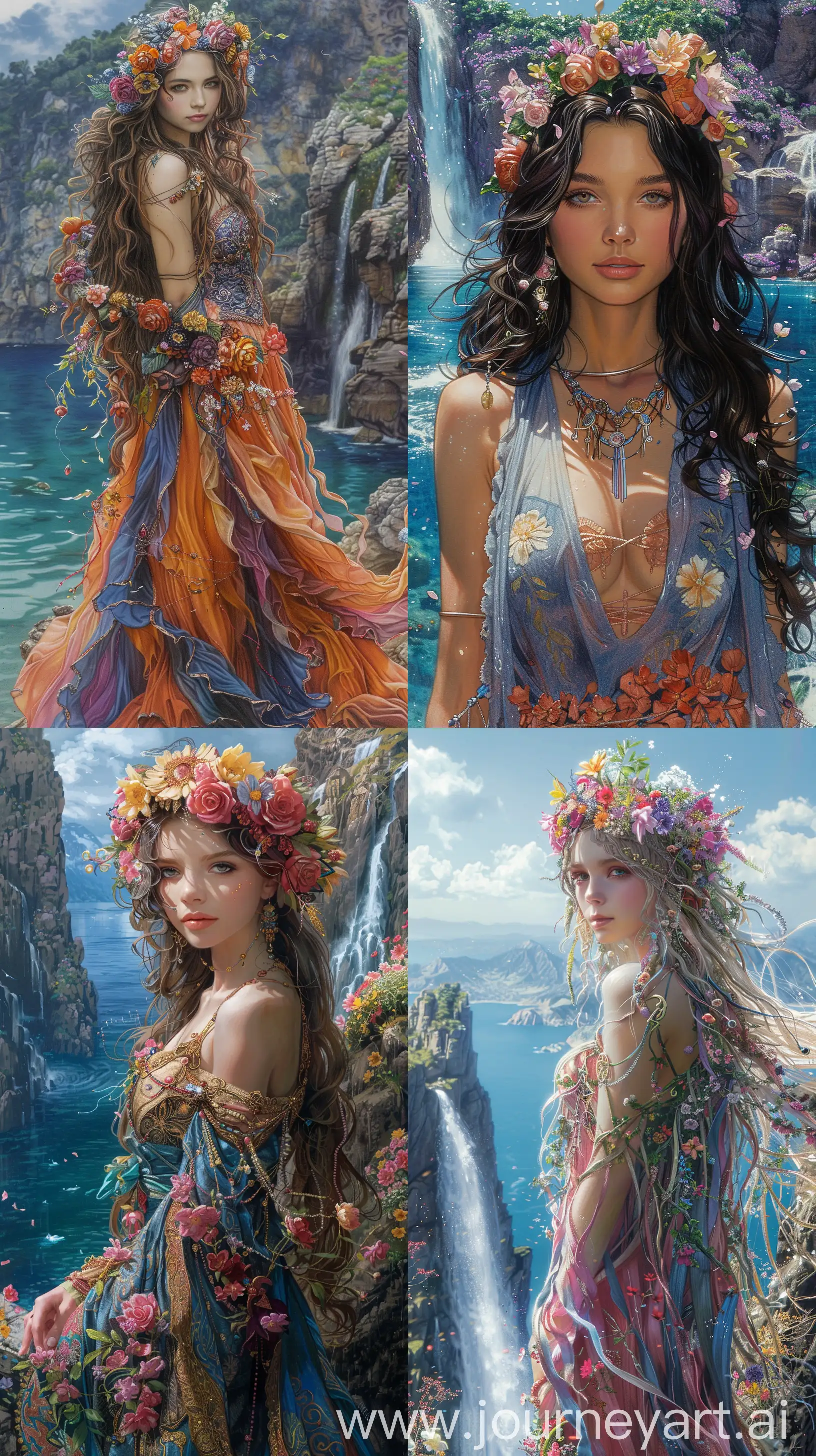 freehand colored pencil drawing flat color Fantasy rpg full body woman-wizard flower crown and spring exotic dress colorful in nature Gone is the beautiful colorful spring and comes Caucasus mountains with blue sea landscapes with waterfalls and blossoming and waking up spreeng trees, oil painting by Luis Royo and Jim Lee style high detailing , exclusive details , prime , high quality , ultra detailing, Jim Lee style, features, ancient, highly detailed, complex, golden ratio composition, X-Men comic book cover, --v 6.0 --ar 9:16 --s 450